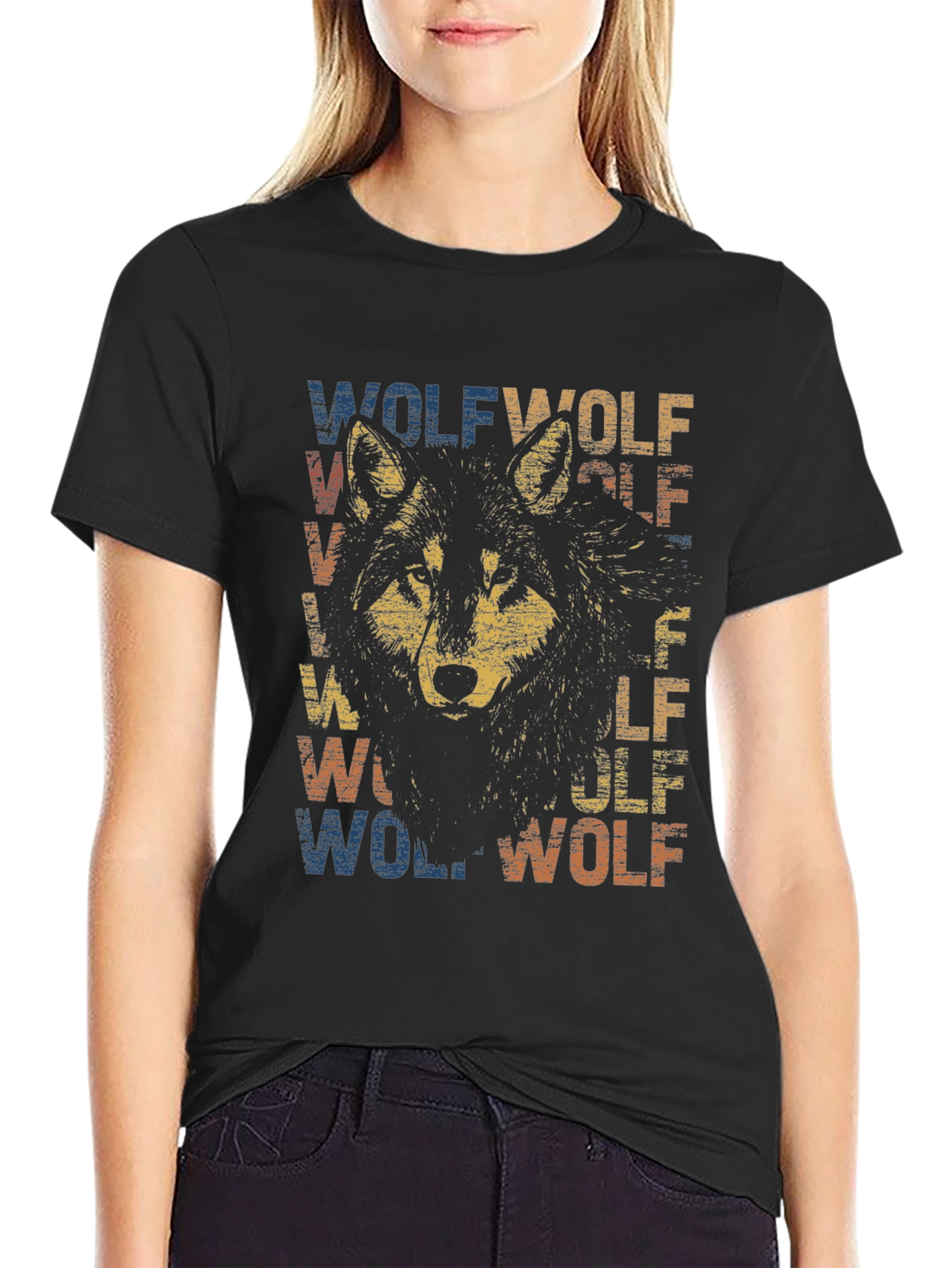 Black Vintage Wolf Graphic T-Shirt - Retro Style Tee view 2