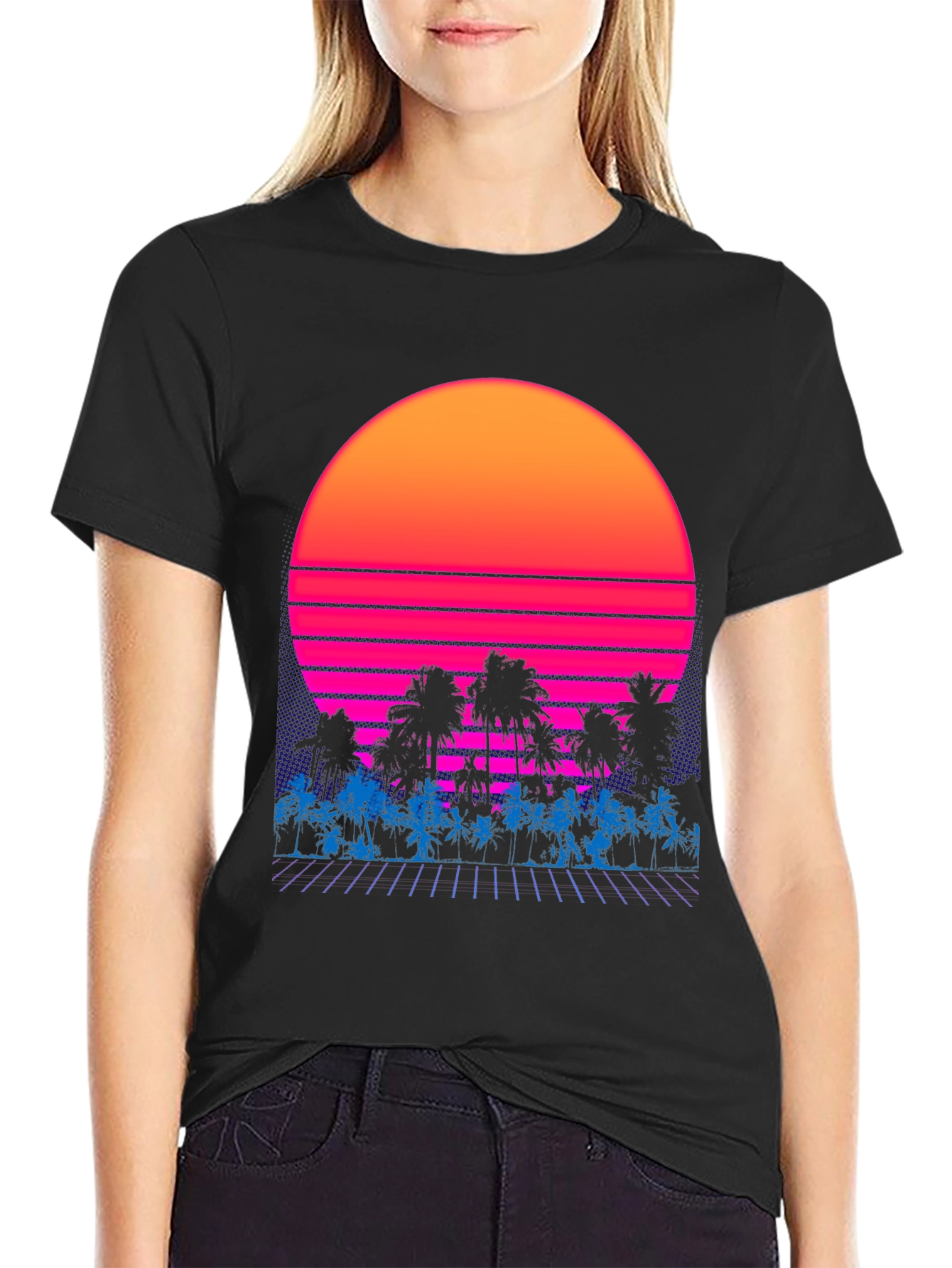 Black Retro Sunset Palm Tree Graphic Tee view 2