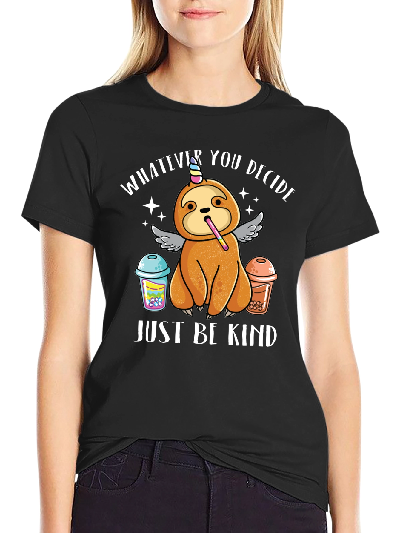 Black Sloth Unicorn Bubble Tea T-Shirt - Just Be Kind view 2