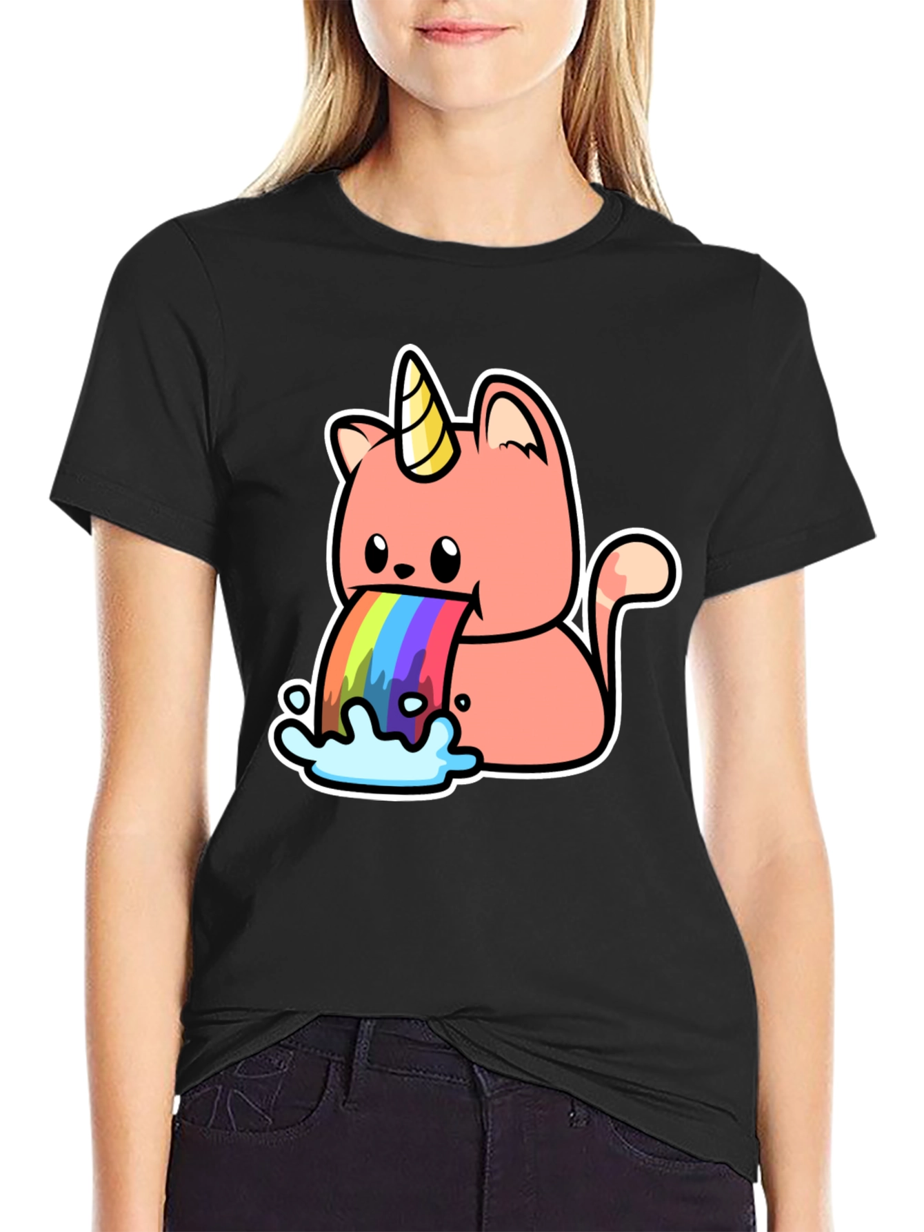 Black Unicorn Cat Rainbow Puke T-Shirt view 2