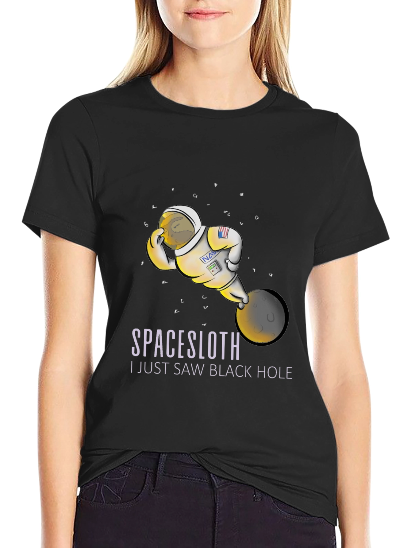 Black Space Sloth Astronaut T-Shirt - I Saw A Black Hole Funny Tee view 2