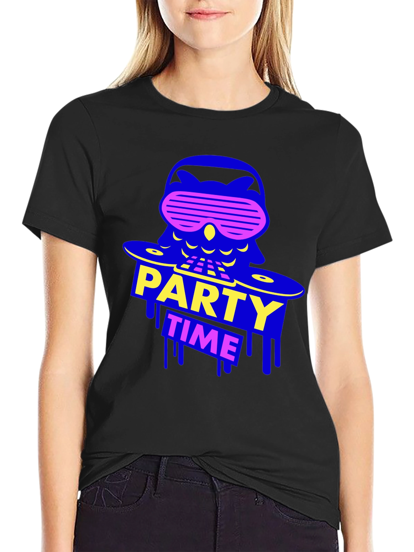 Black Party Time Owl Graphic Tee - Black Crew Neck view 2
