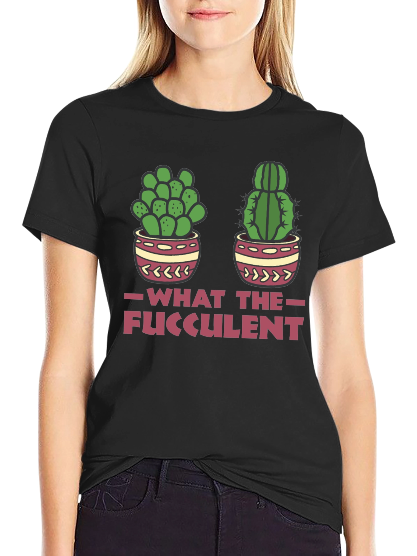Black What The Fucculent Funny Cactus T-Shirt view 2