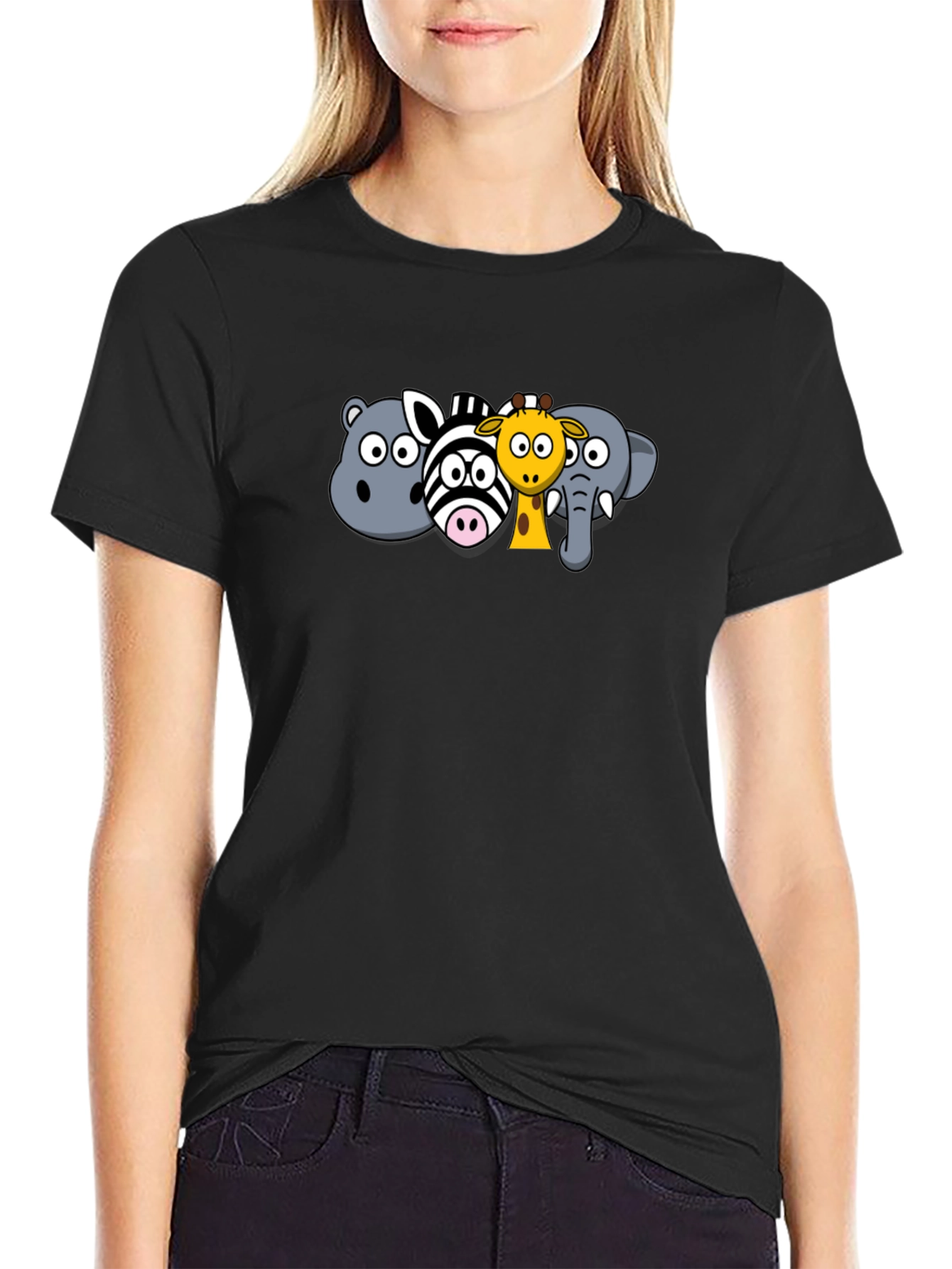 Black Cartoon Animal Crew Neck T-Shirt view 2