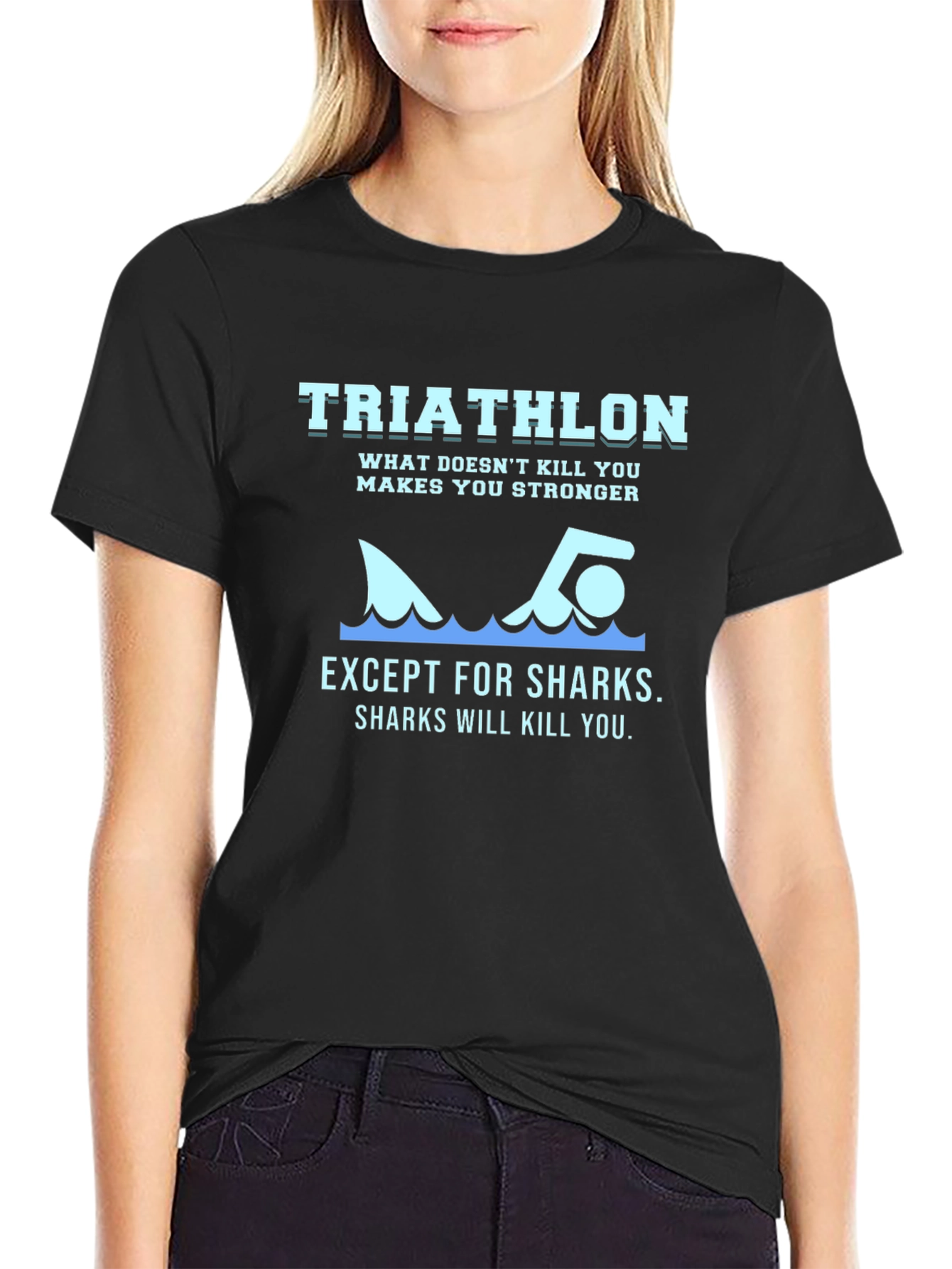 Black Triathlon Shark T-Shirt - Funny Workout Tee view 2