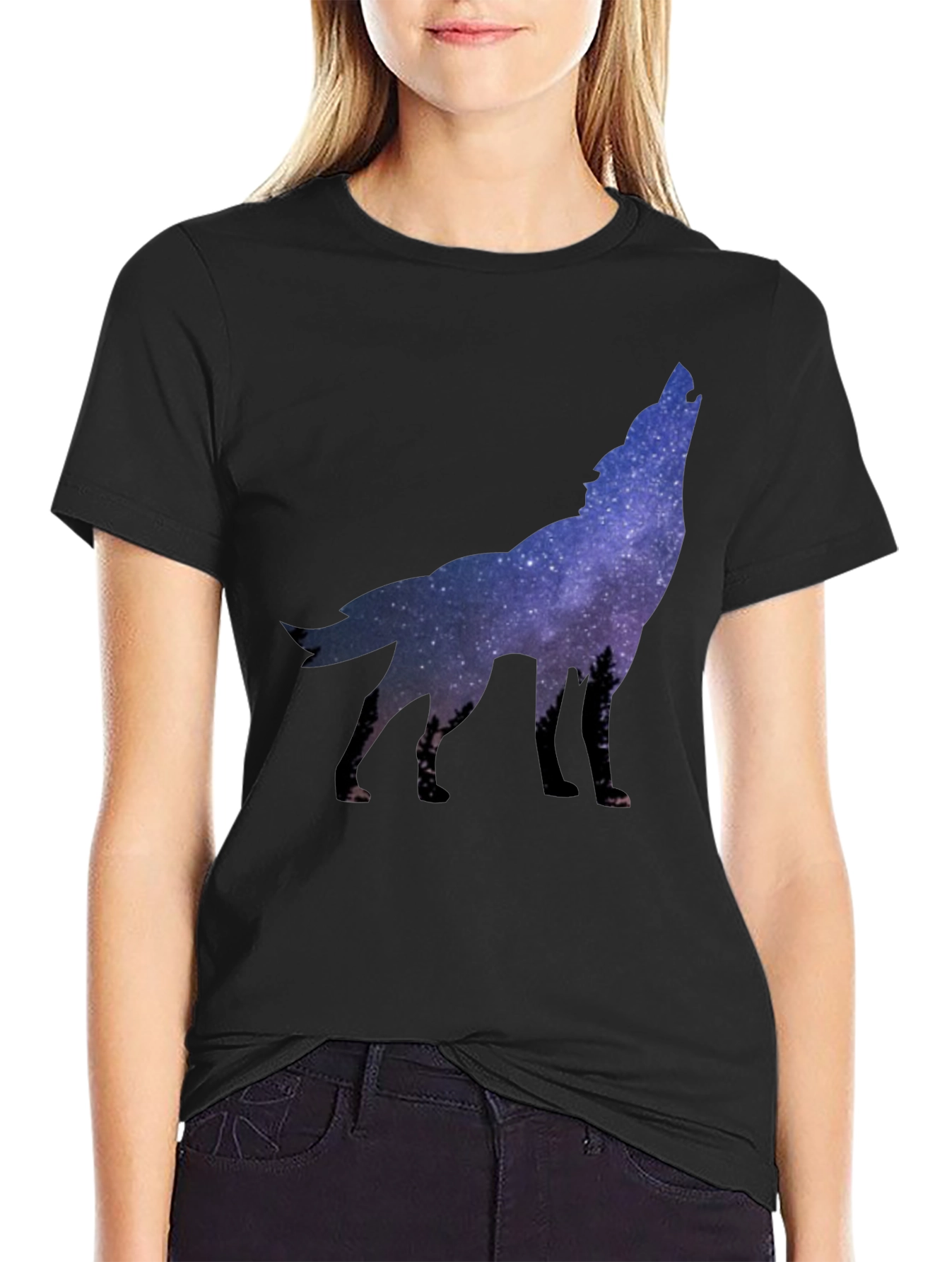 Black Galaxy Wolf Graphic Tee - Black Crew Neck T-Shirt view 2