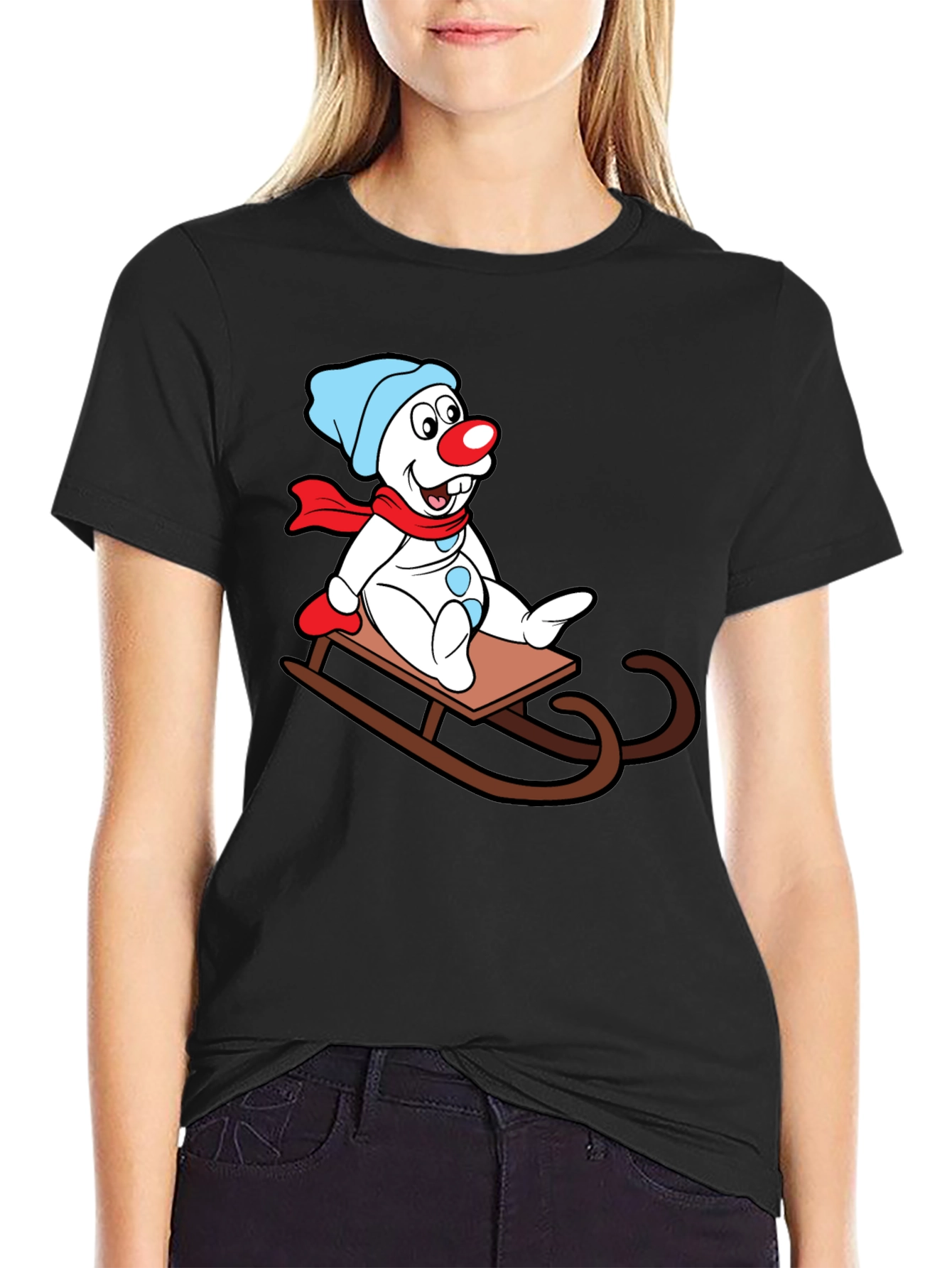 Black Snowman Sledding Graphic T-Shirt view 2