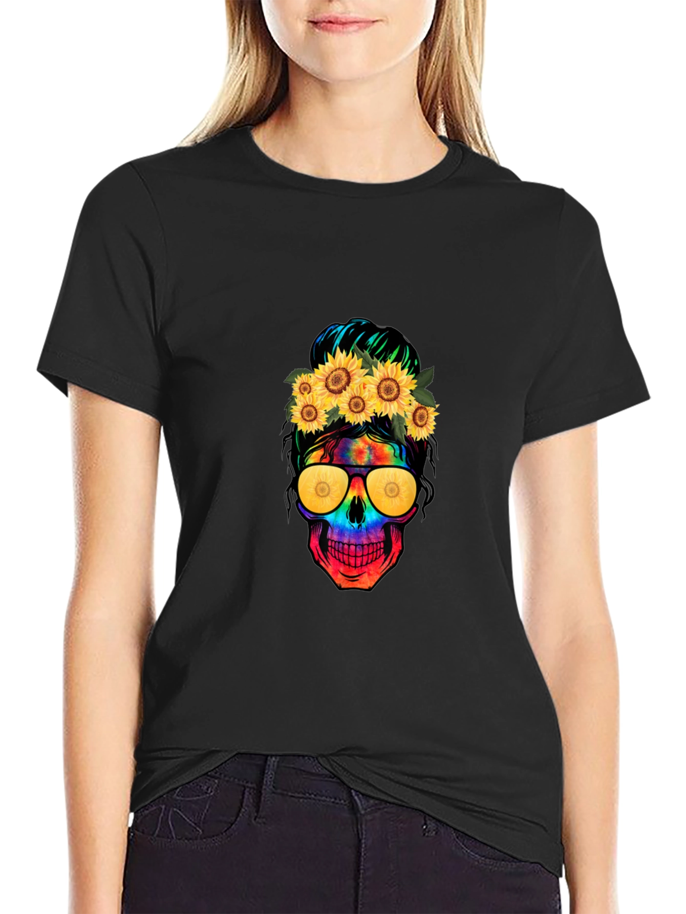 Skull with Sunflowers Graphic Tee - 2