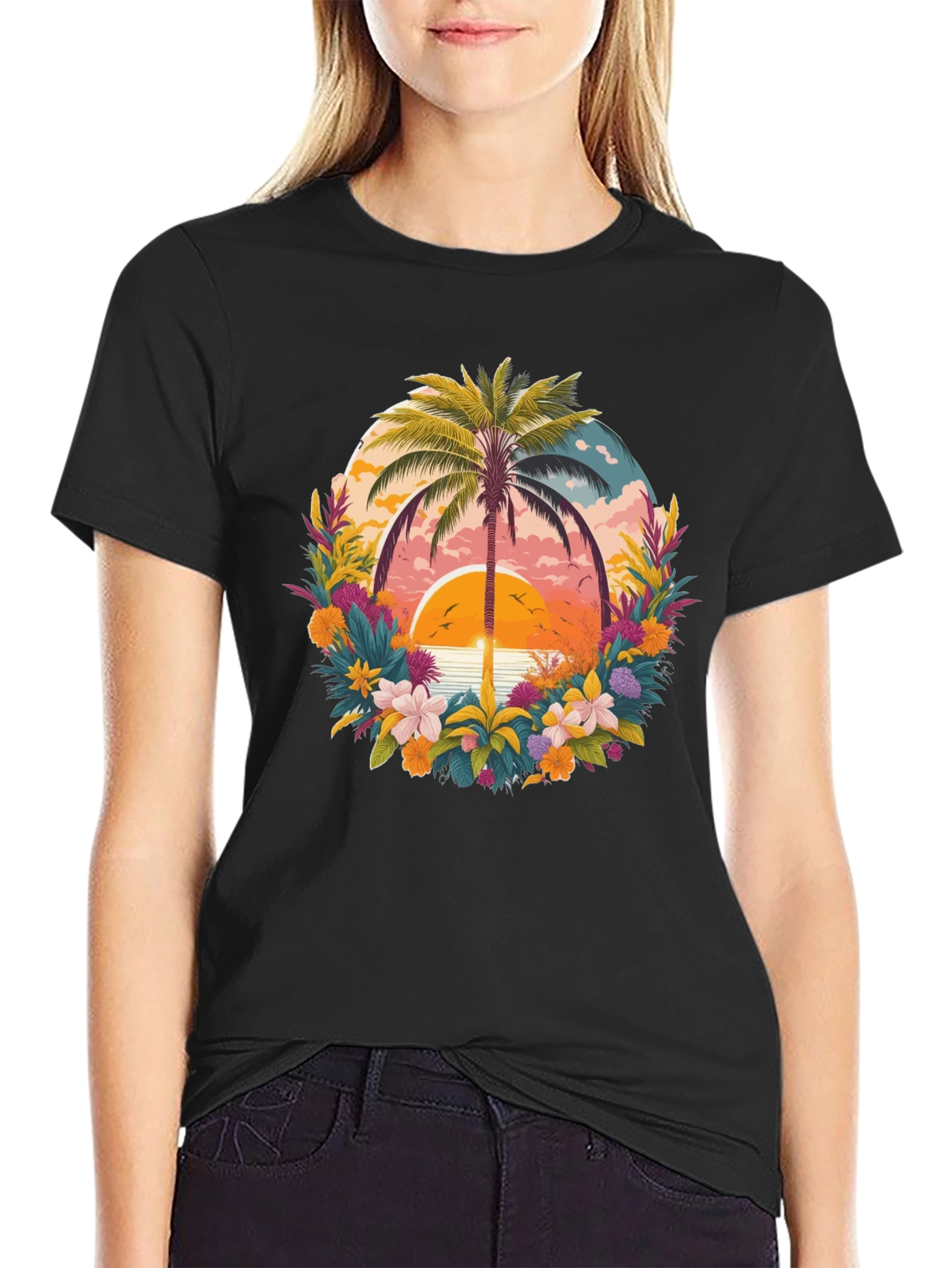 Black Tropical Sunset Palm Tree Graphic T-Shirt view 2