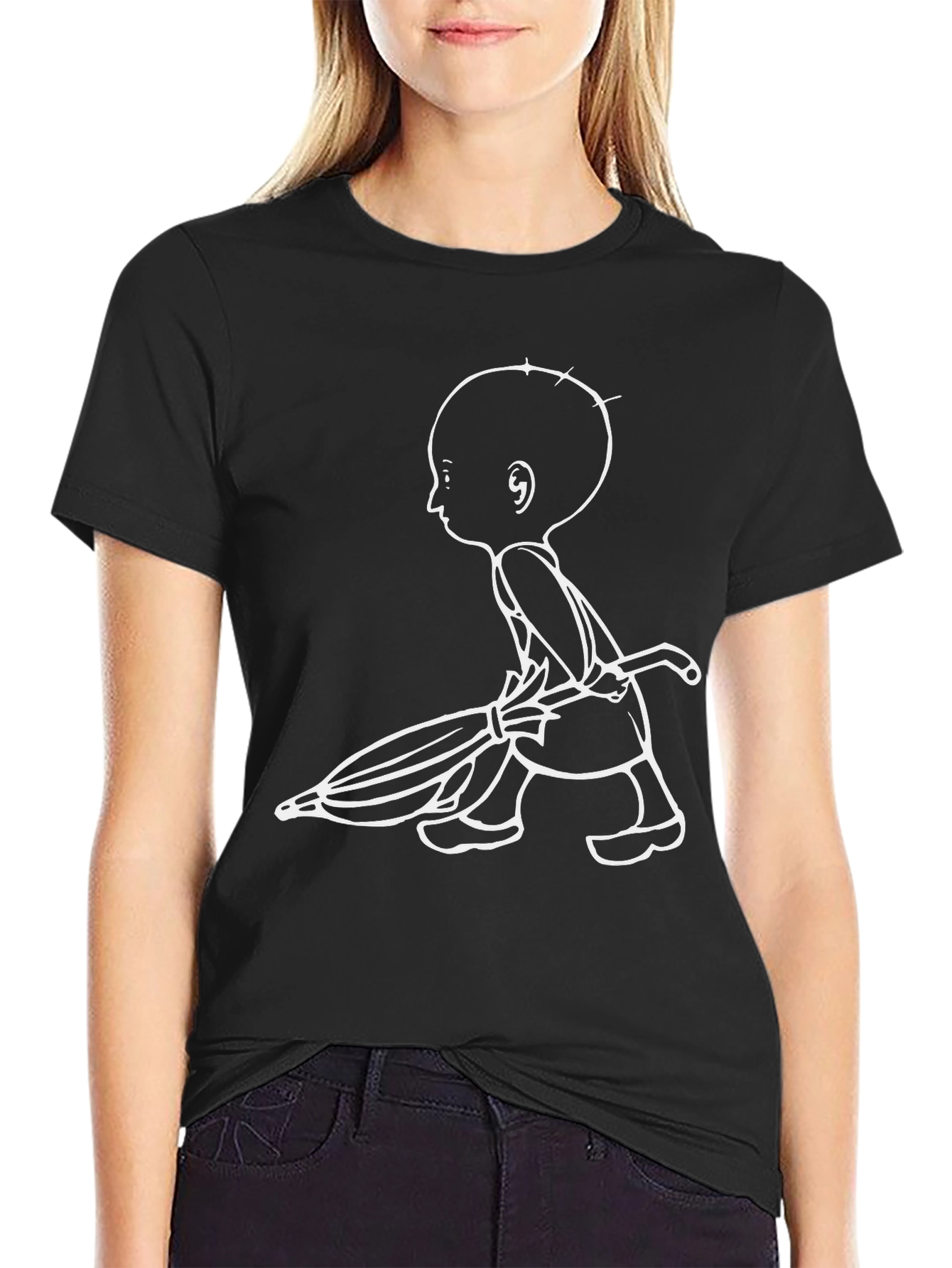 Black Unique Graphic Tee: Cartoon Character with Umbrella view 2