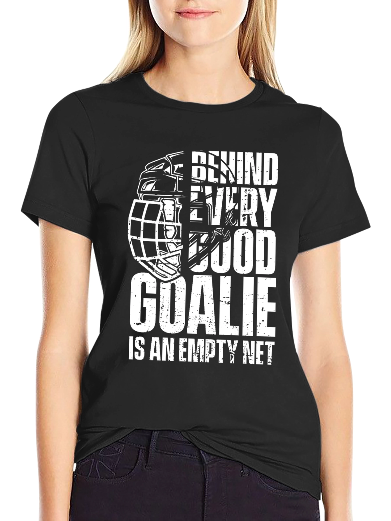 Black Hockey Goalie T-Shirt - Behind Every Good Goalie Empty Net Tee view 2