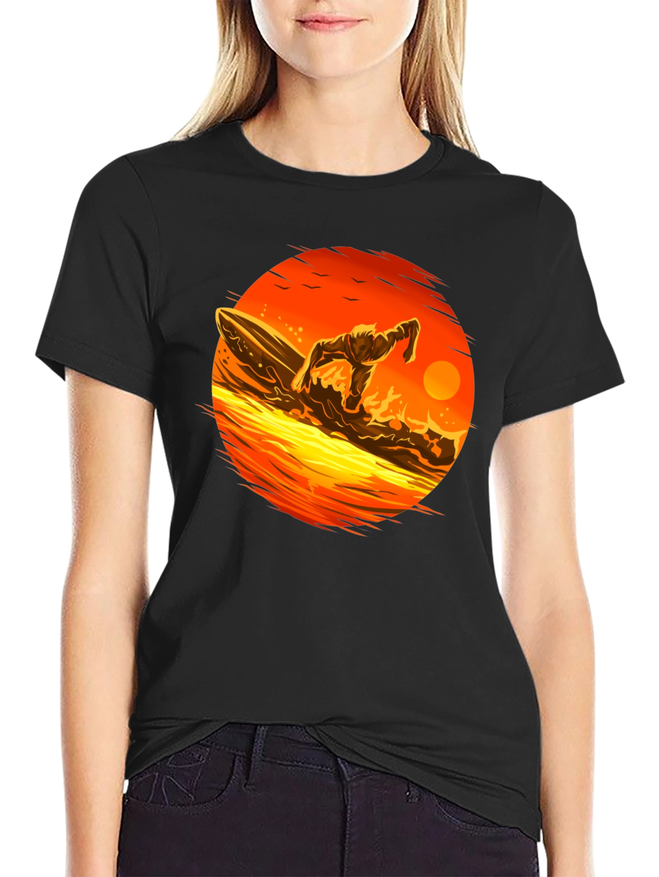 Black Surfer Sunset Graphic Tee - Black Cotton T-Shirt view 2