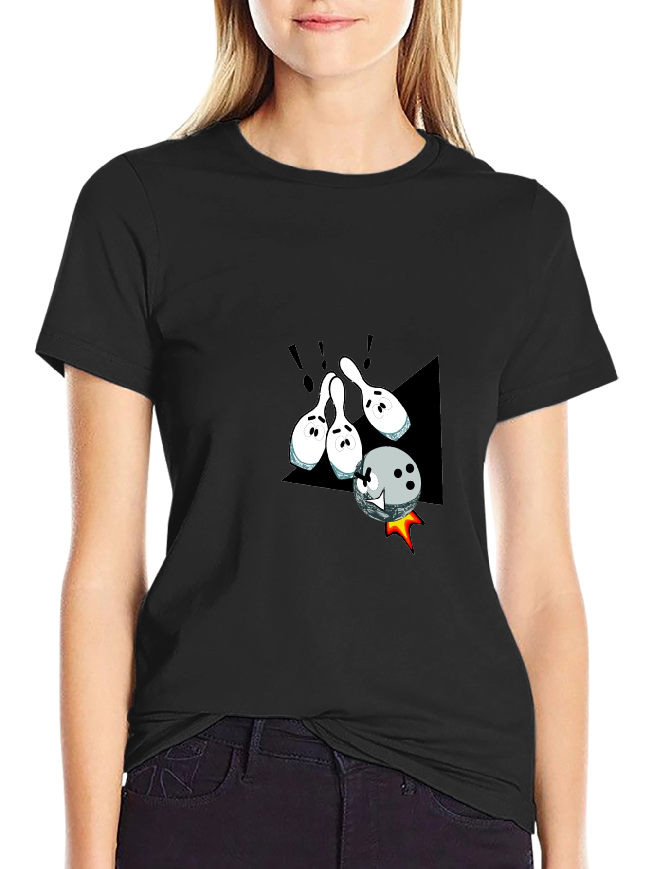Black Bowling Strike T-Shirt - Fun Cartoon Design view 2
