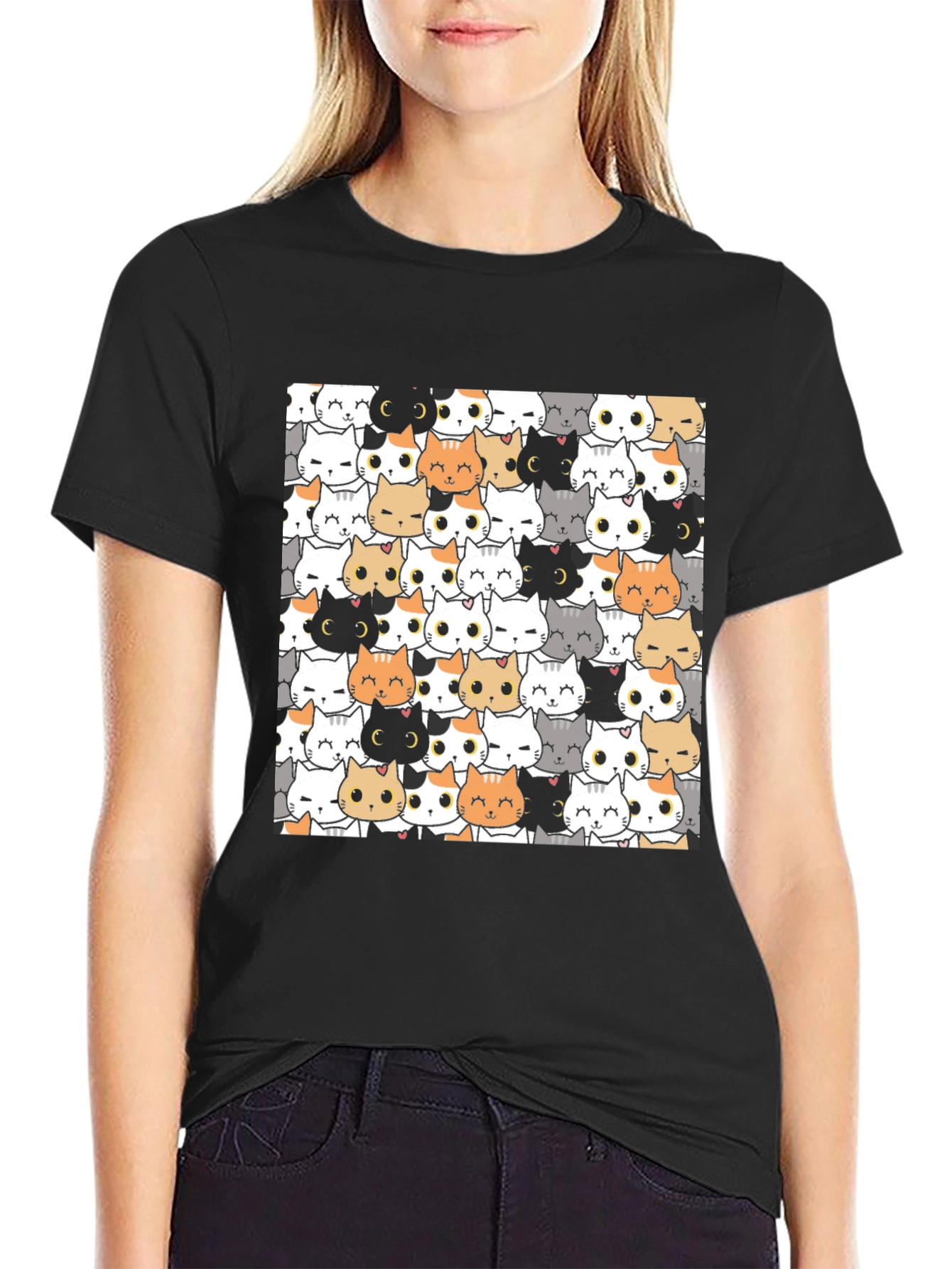 Black Cute Cartoon Cat Print Black T-Shirt view 2