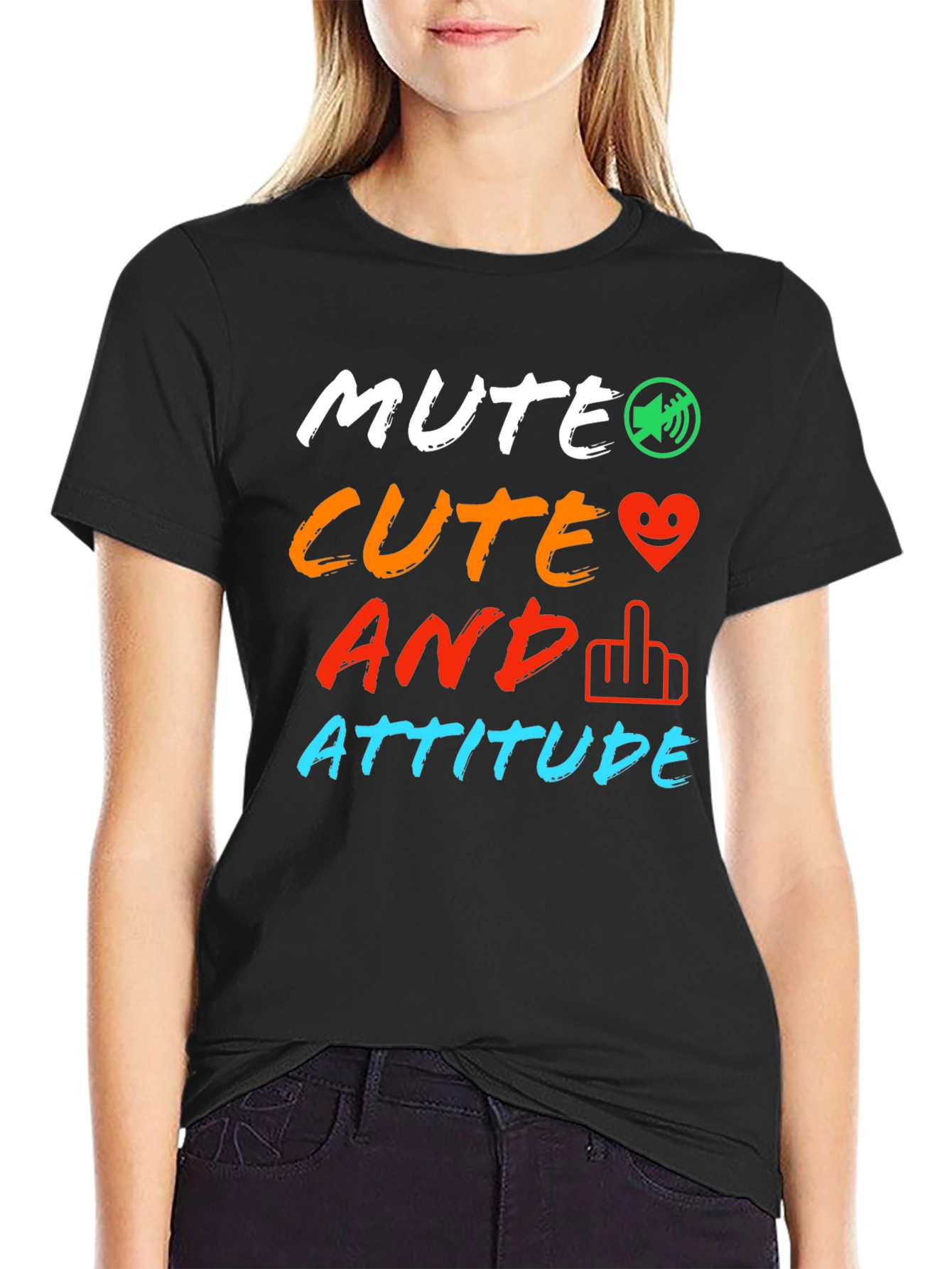 Black Mute Cute And Attitude Graphic Tee - Trendy Sarcastic T-Shirt view 2