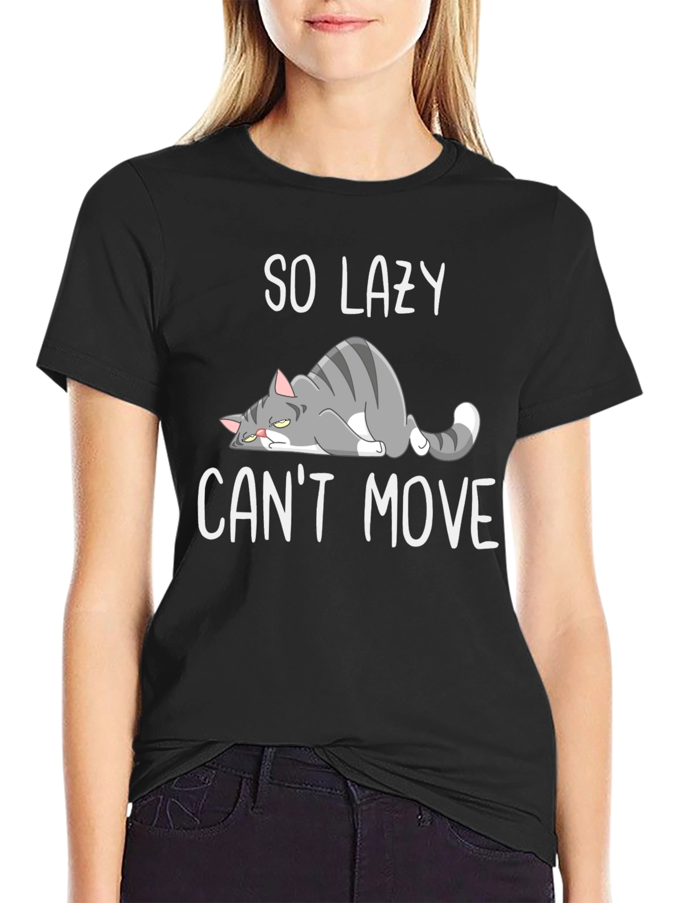 Black Lazy Cat Graphic T-Shirt - Funny and Comfortable view 2
