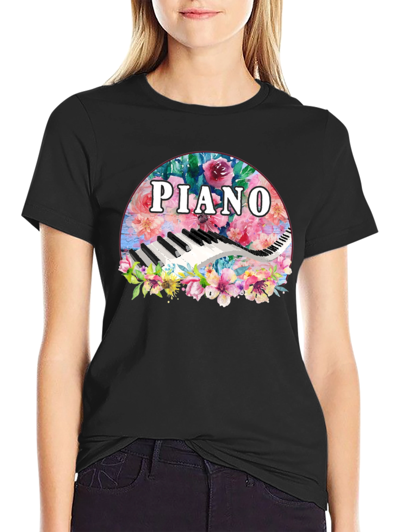 Black Floral Piano T-Shirt - Music Lover Tee view 2