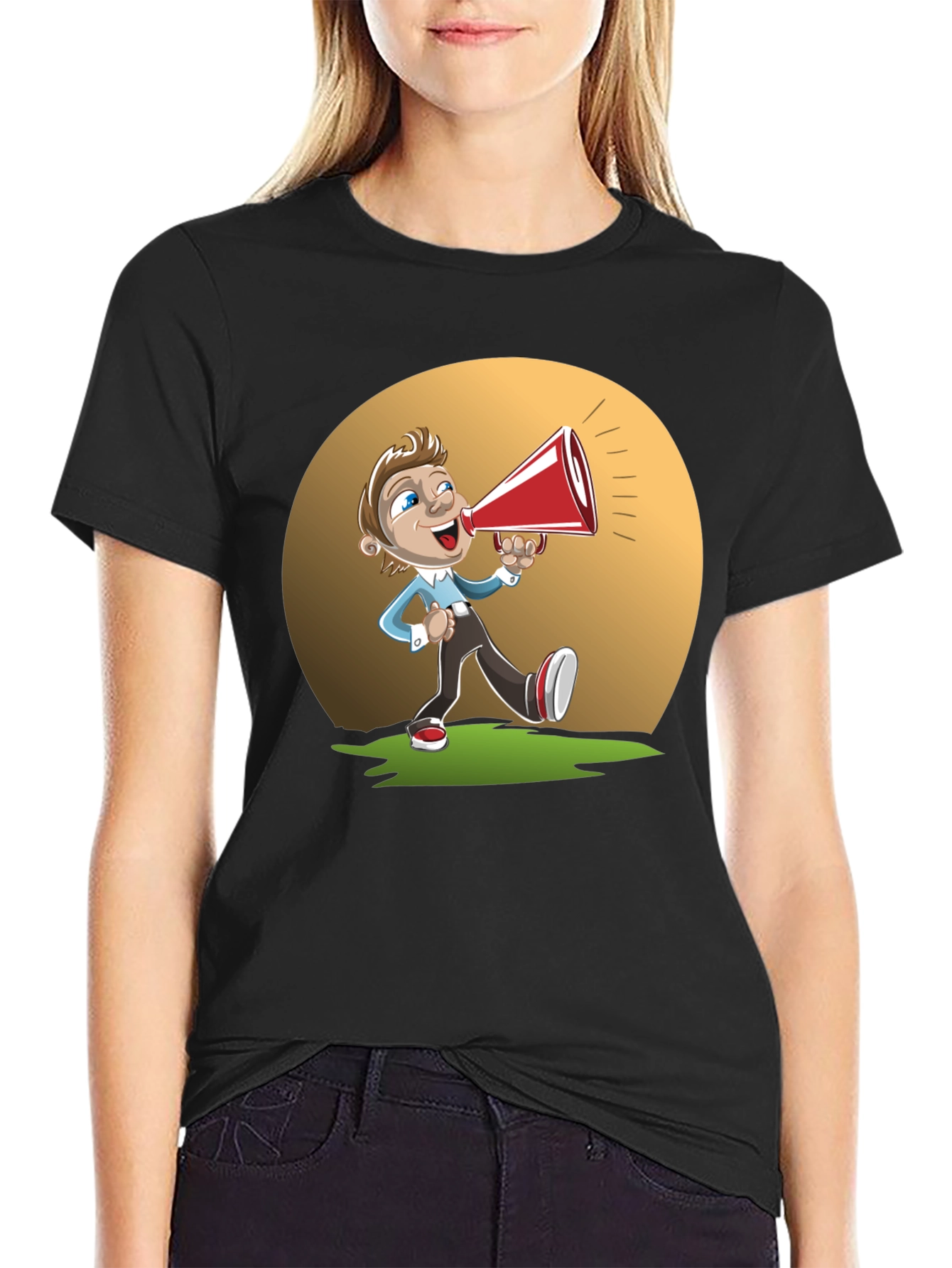Black Cartoon Man with Megaphone Graphic T-Shirt view 2