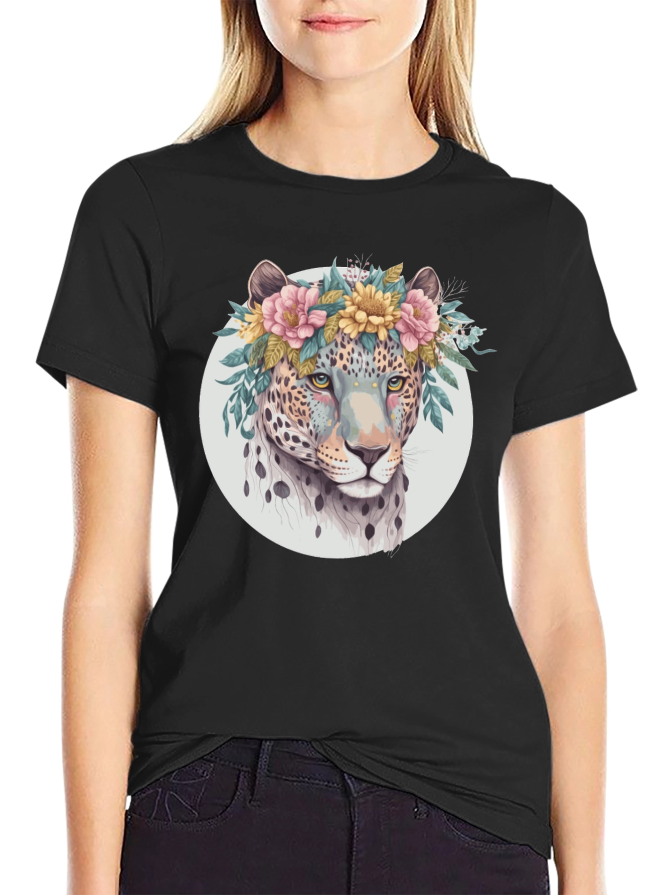 Black Floral Leopard Print Black T-Shirt view 2