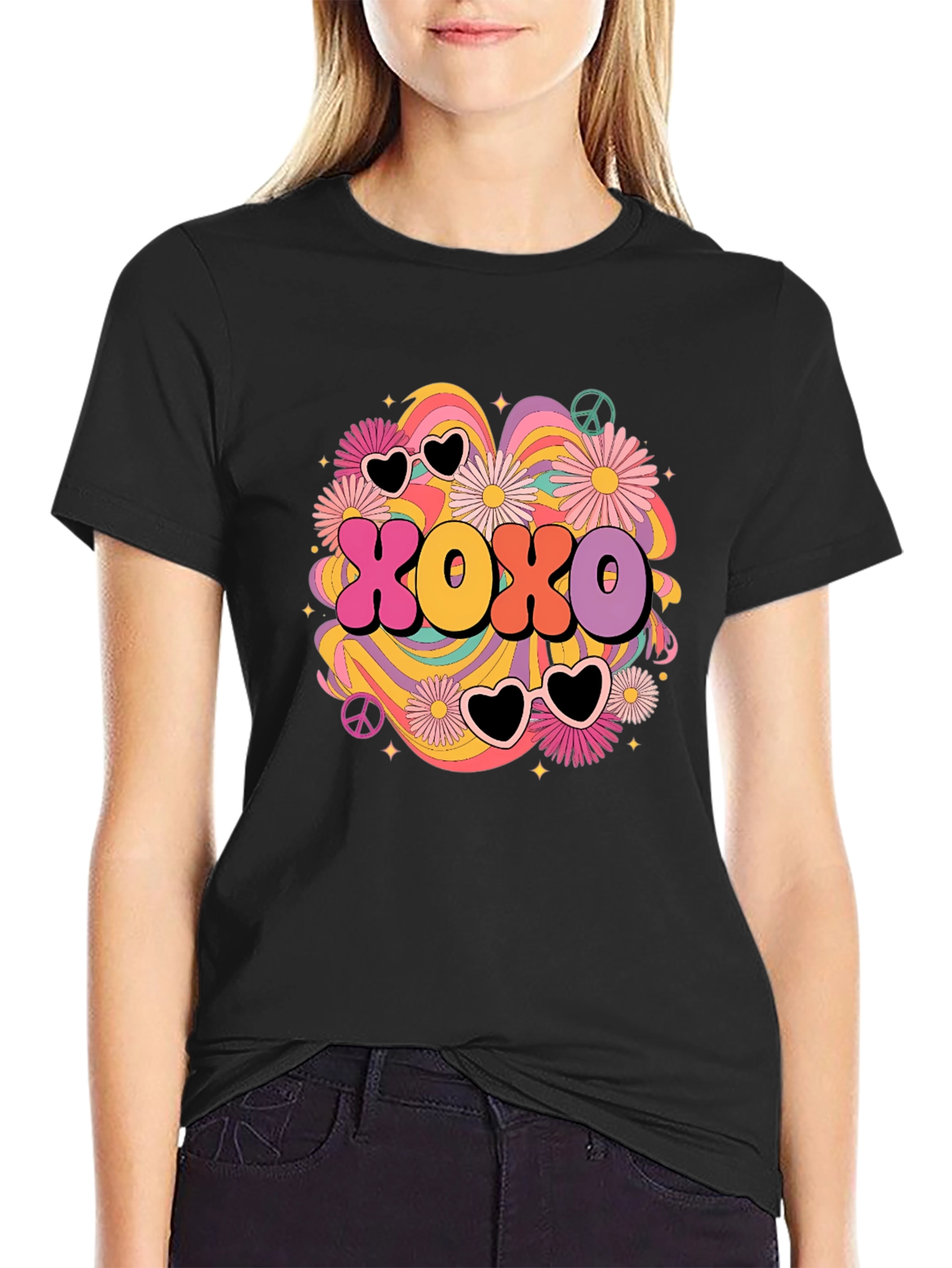 Black XOXO Retro Graphic Tee - Hugs & Kisses T-Shirt view 2
