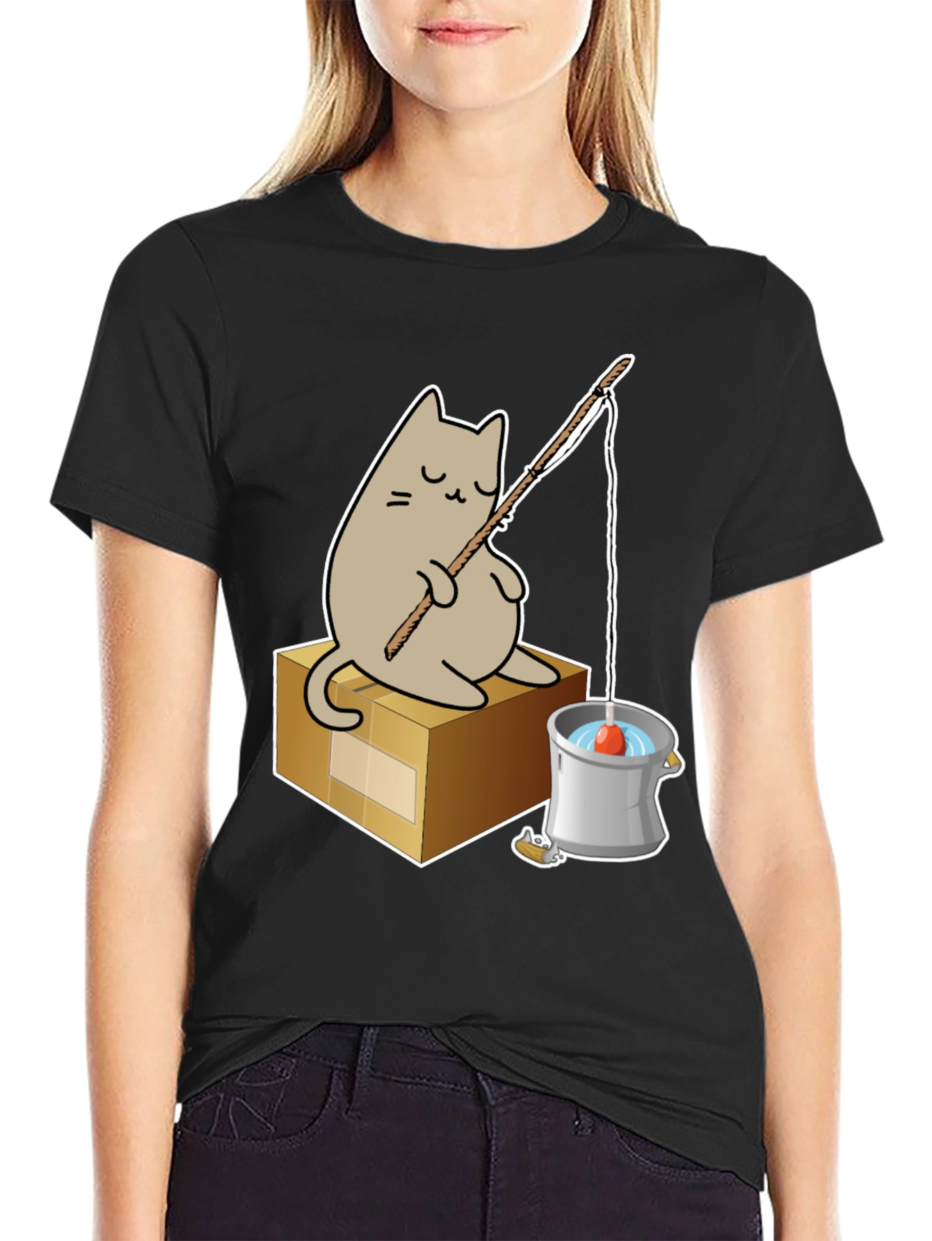 Black Cat Fishing T-Shirt - Cute Graphic Tee view 2