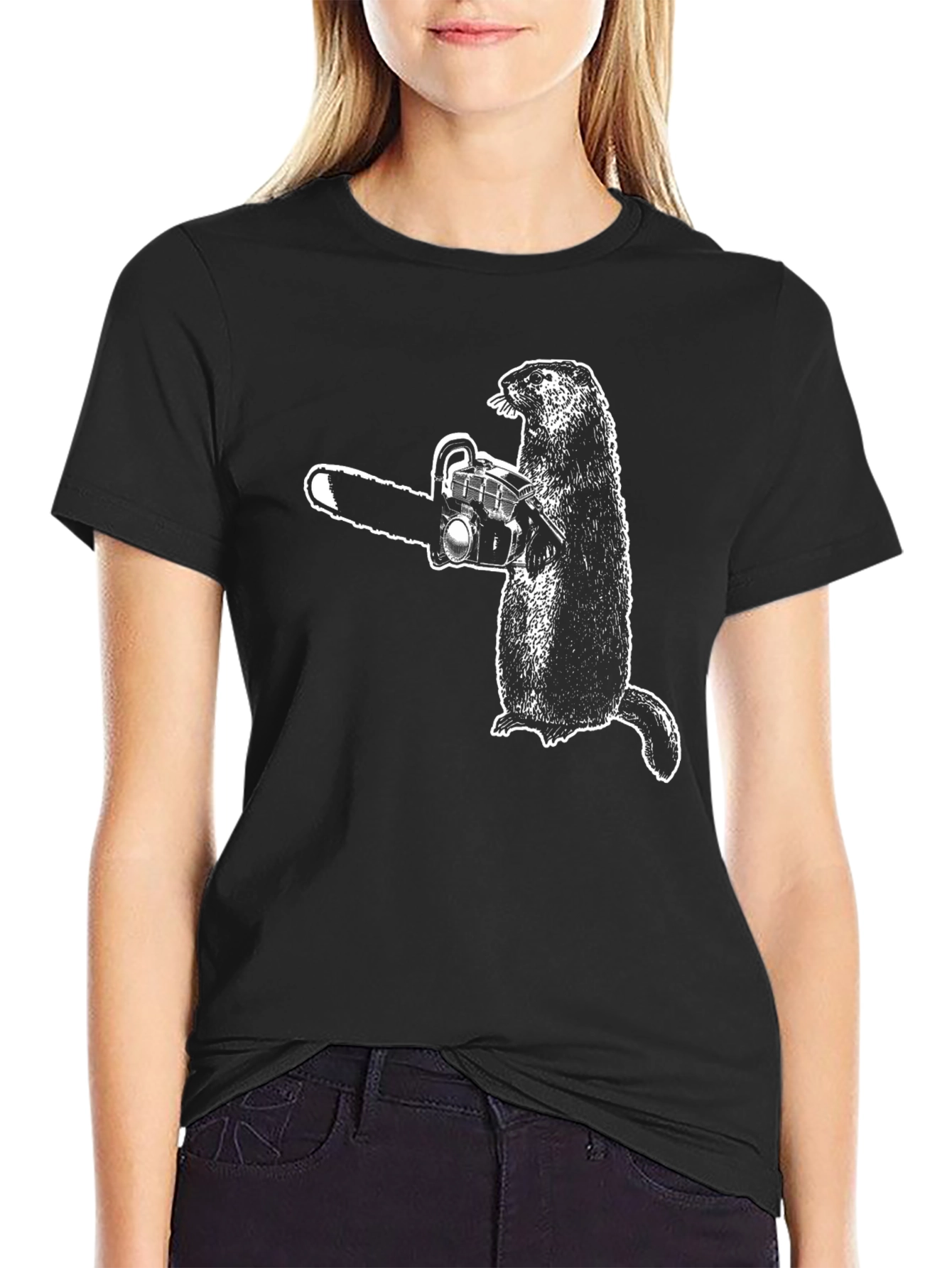Black Groundhog Chainsaw Graphic Tee - Black Cotton T-Shirt view 2