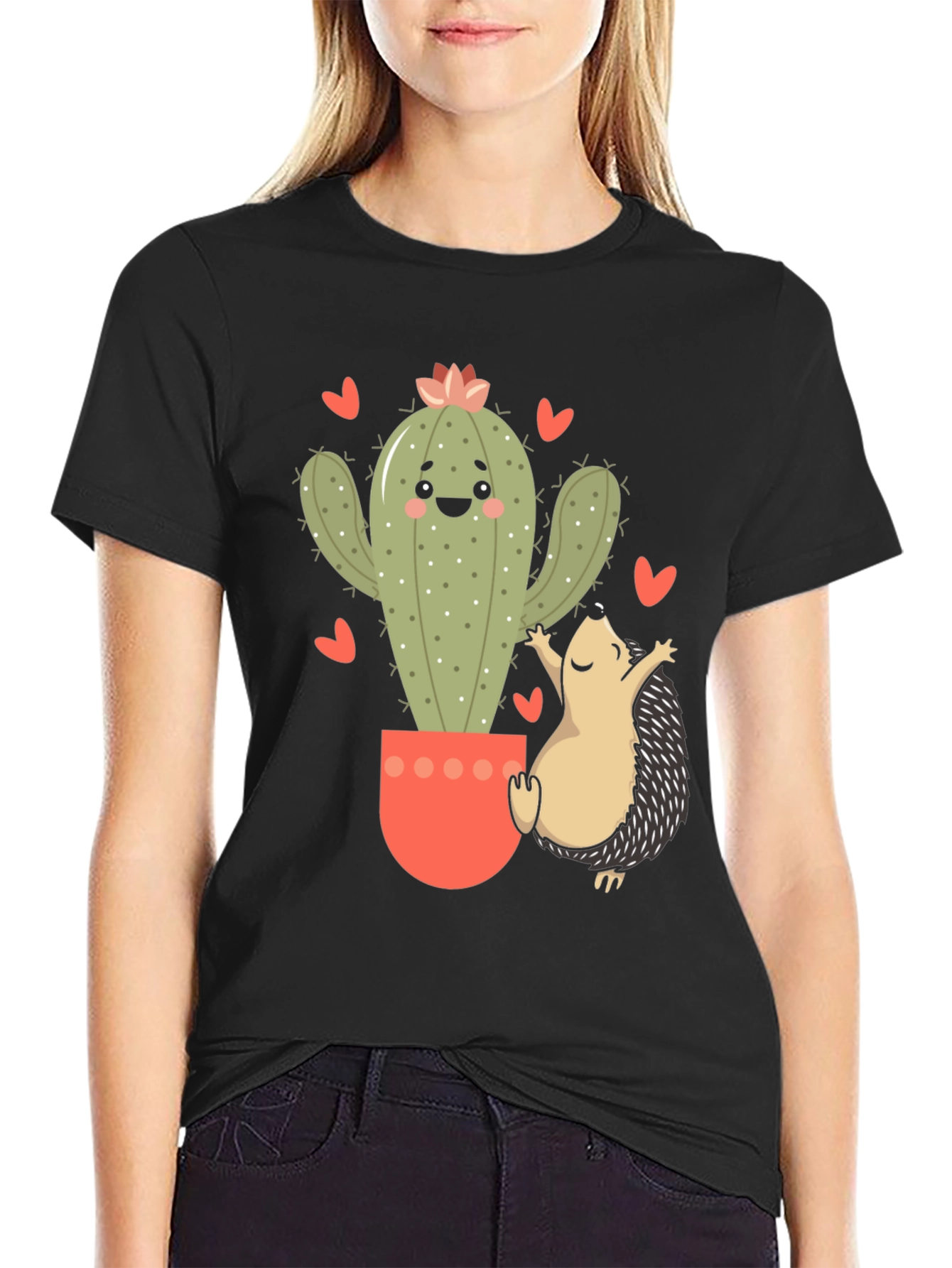Black Cute Cactus & Hedgehog Graphic Tee view 2