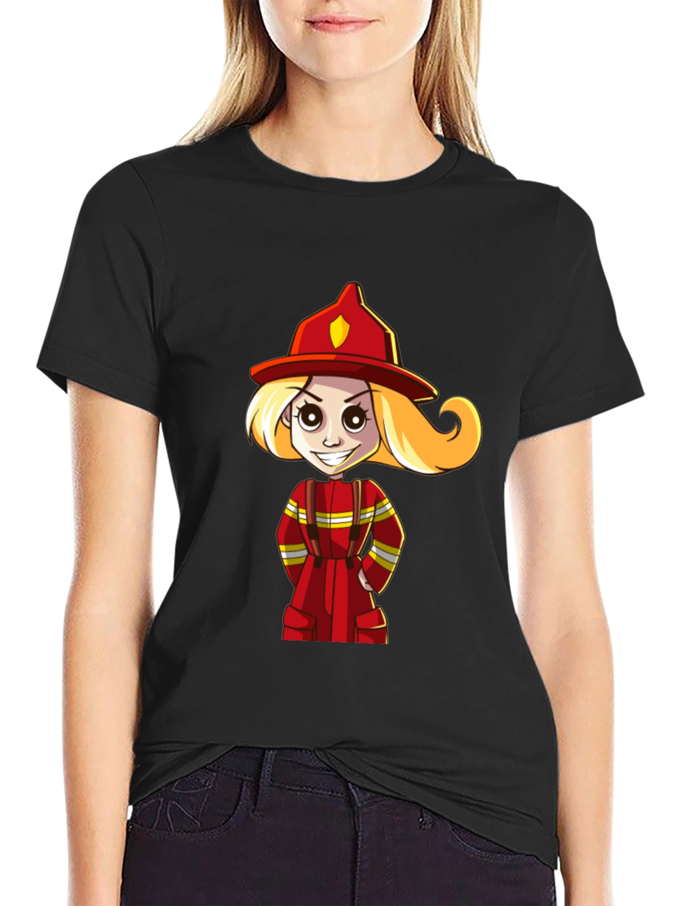 Black Cartoon Firefighter Girl T-Shirt view 2