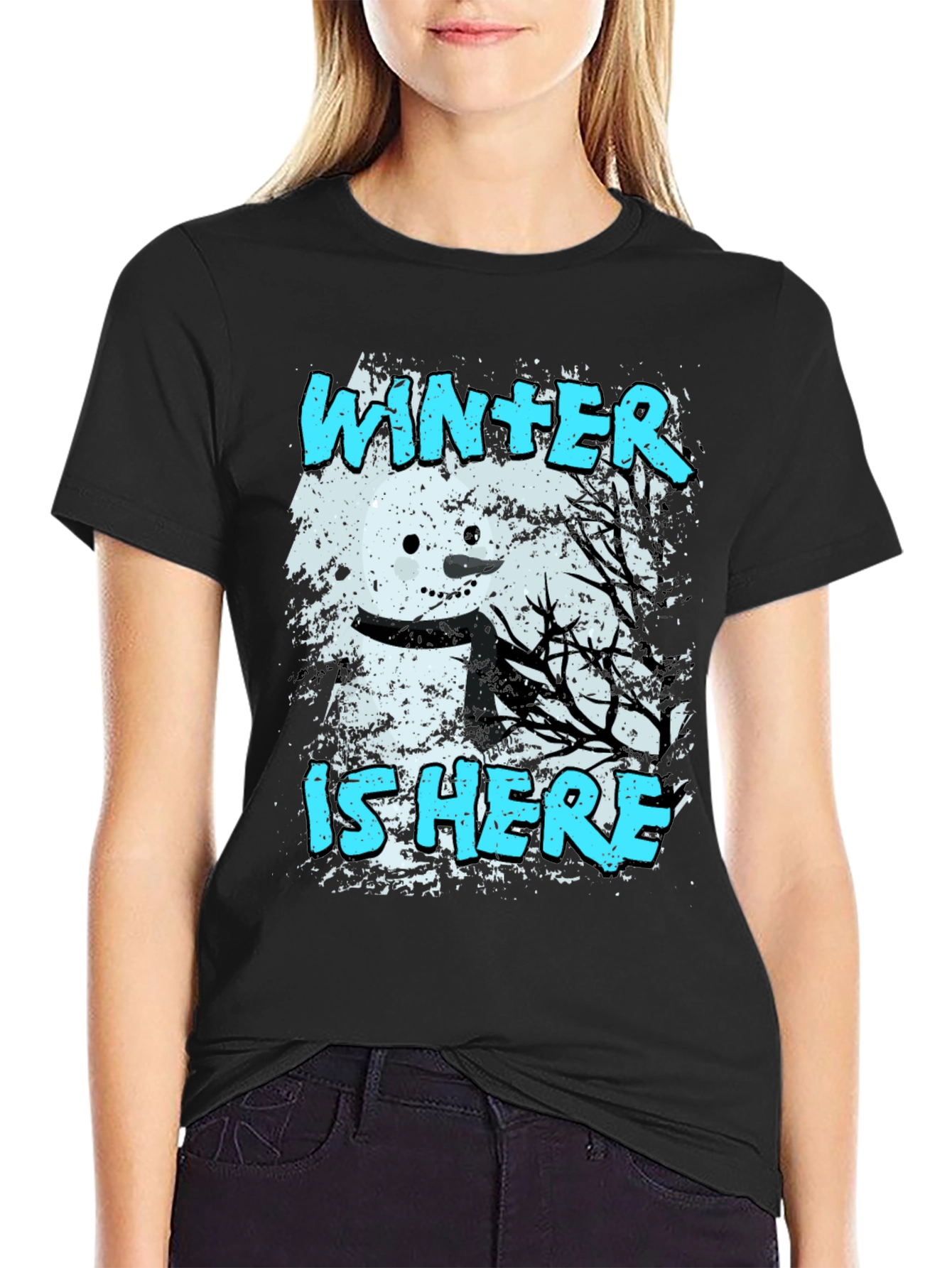 Black Winter is Here T-Shirt - Snowman Graphic Tee view 2
