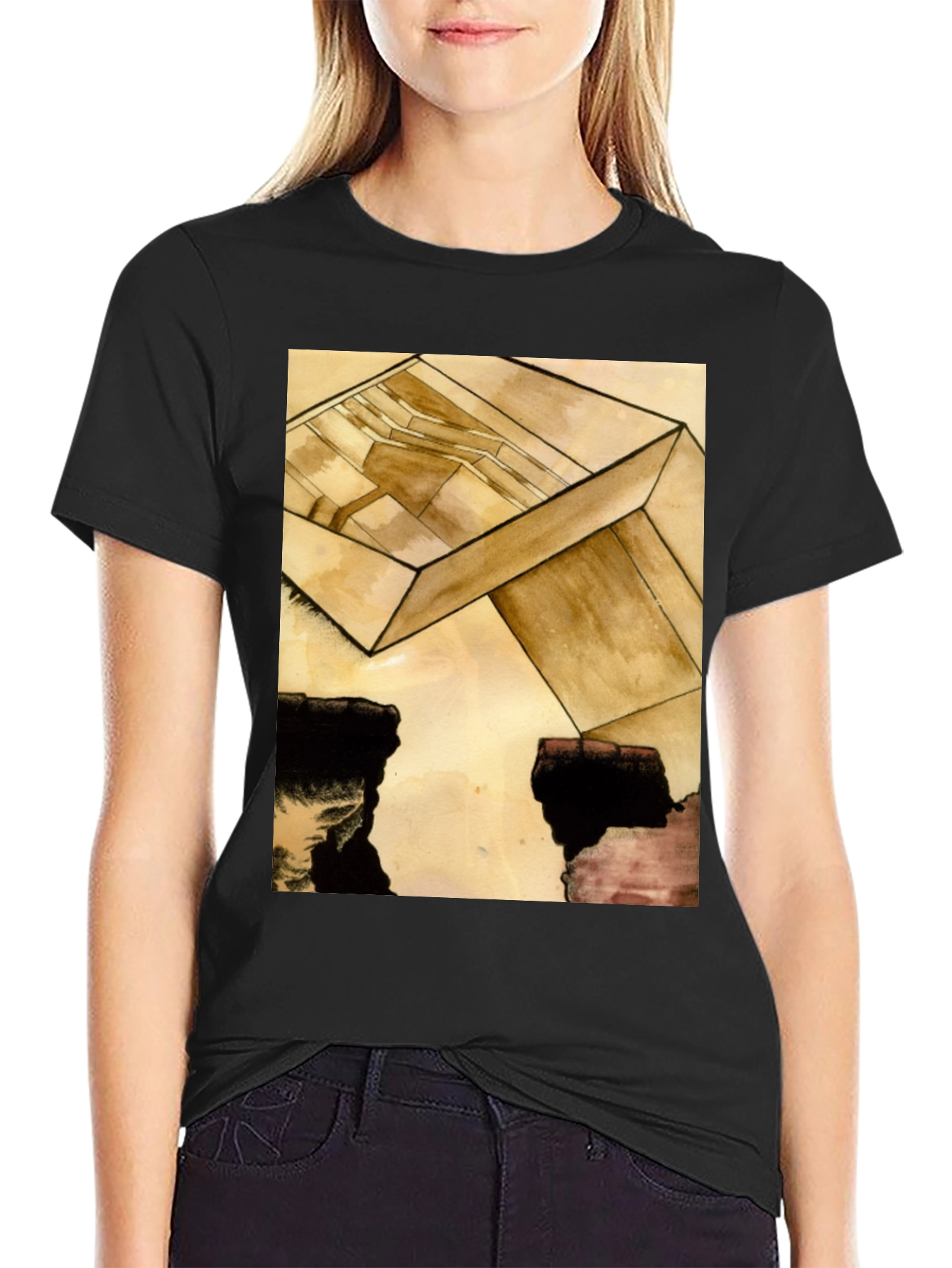 Black Abstract Cube Graphic Tee - Modern Art T-Shirt view 2