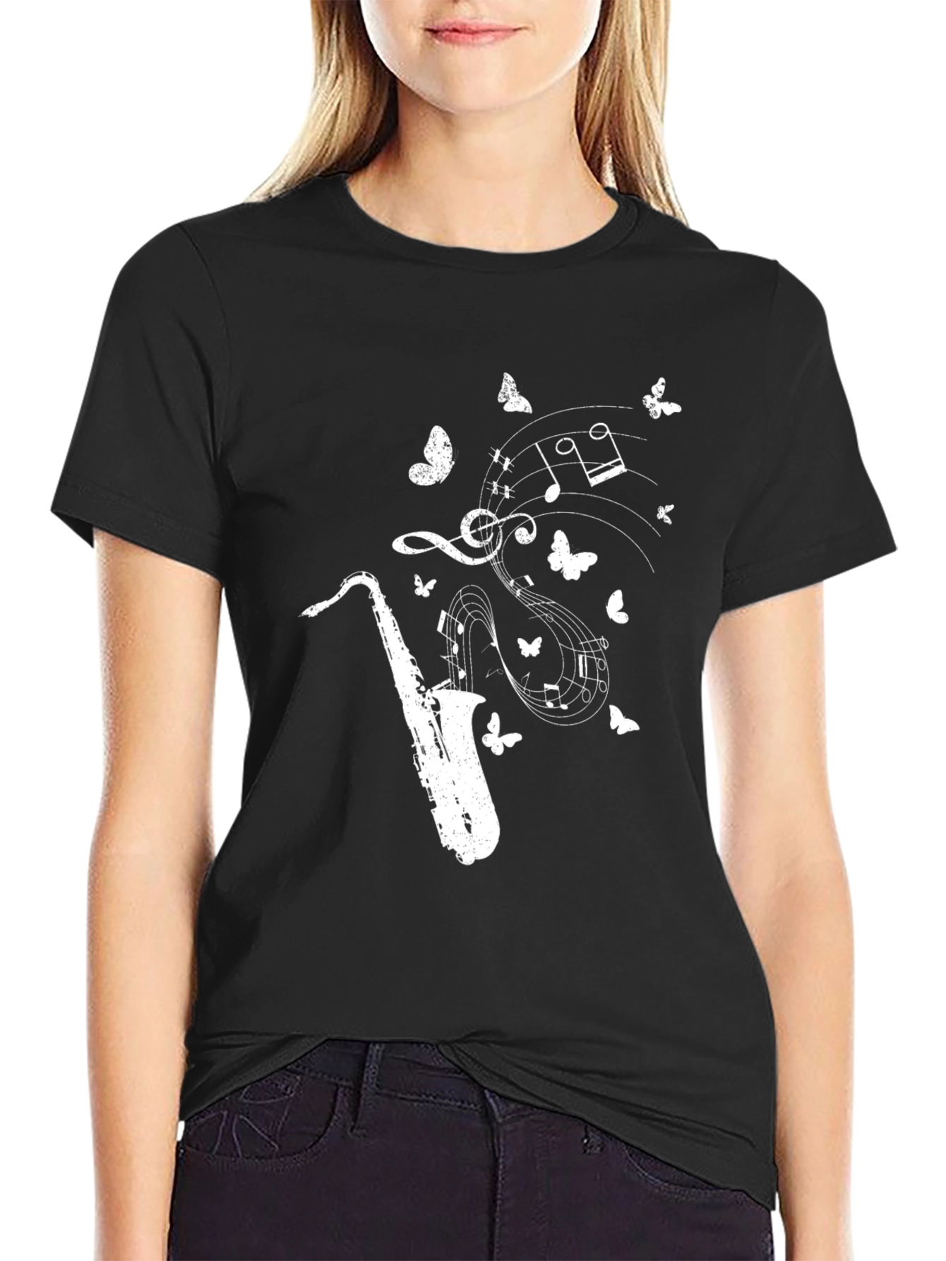 Black Saxophone Music Notes Butterfly Graphic Tee view 2