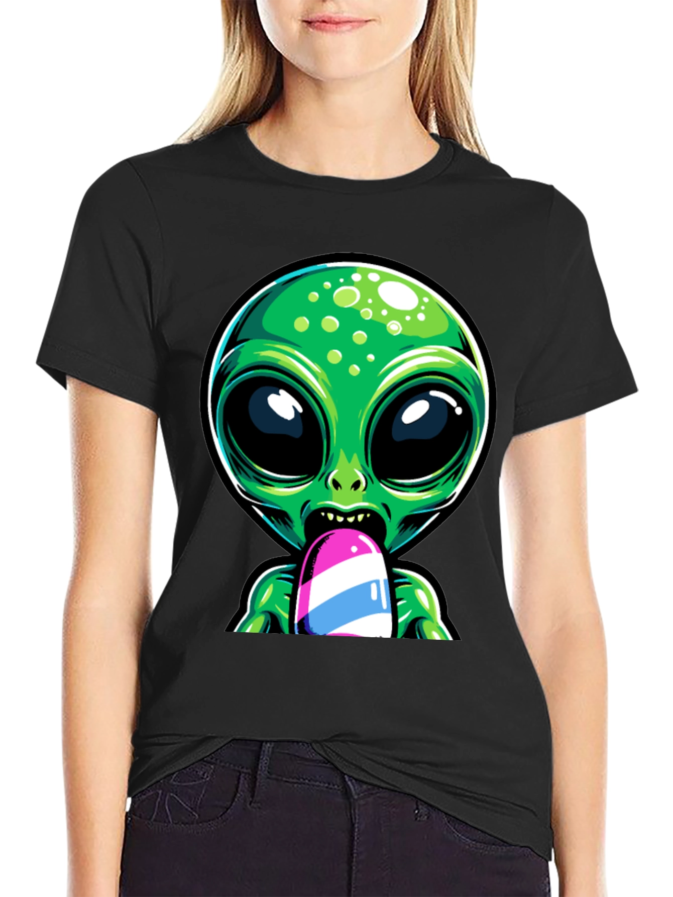 Black Alien Ice Pop Graphic Tee - Funky Casual Wear view 2