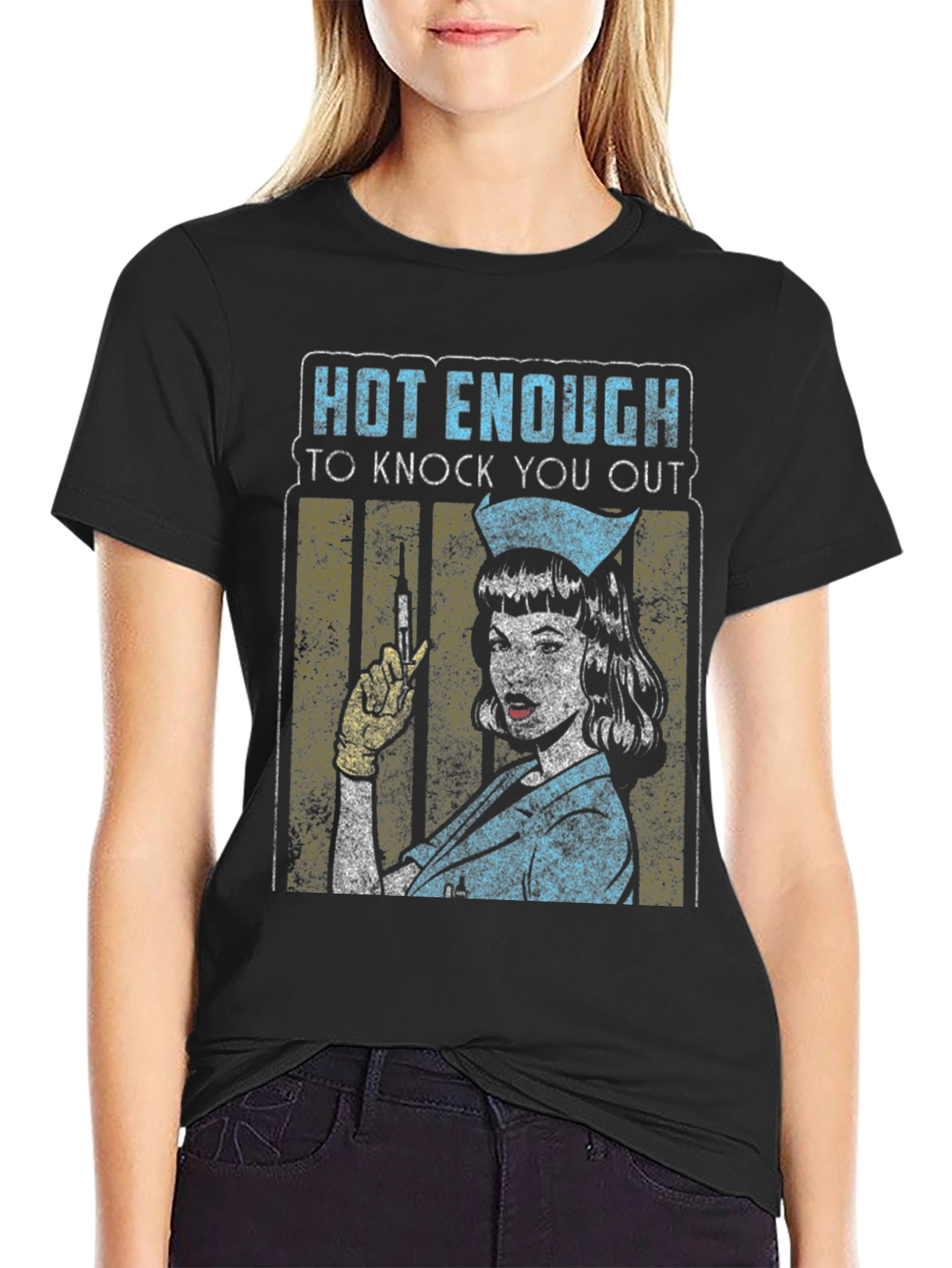 Black Hot Enough Nurse T-Shirt - Knock You Out Retro Design view 2
