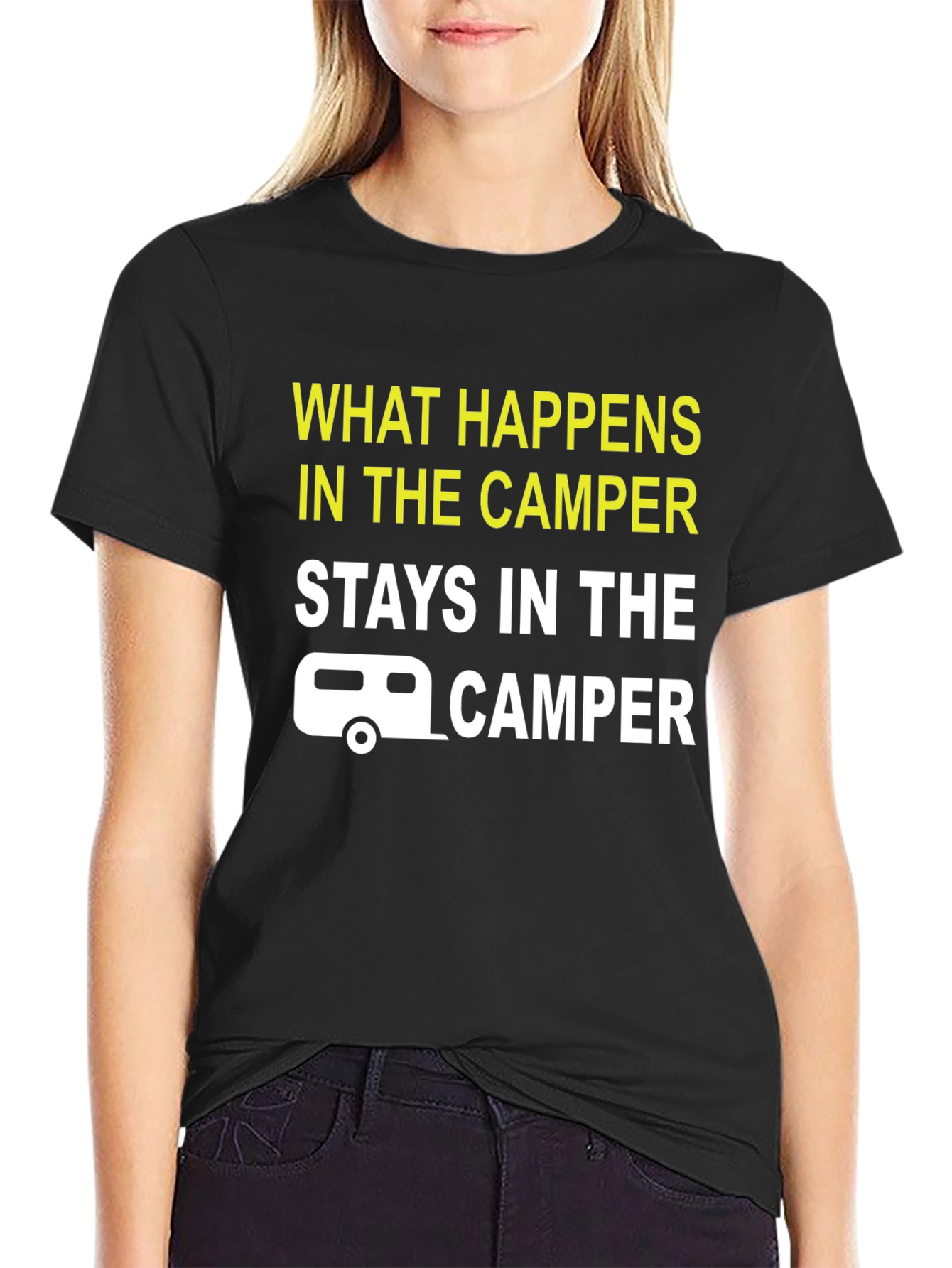 Black Camper T-Shirt - What Happens in the Camper Stays in the Camper view 2