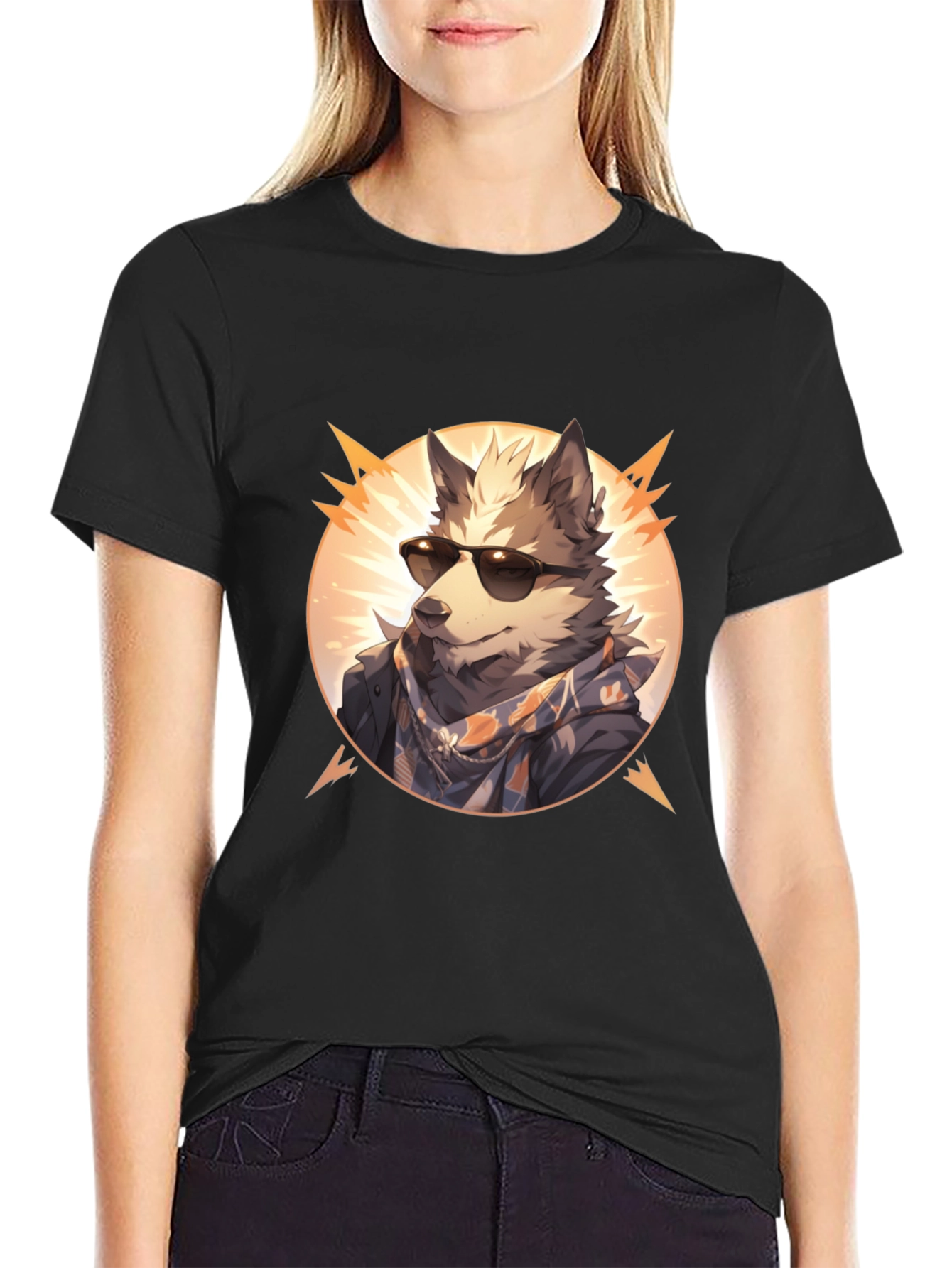 Black Cool Wolf Graphic Tee - Unisex Black T-Shirt view 2