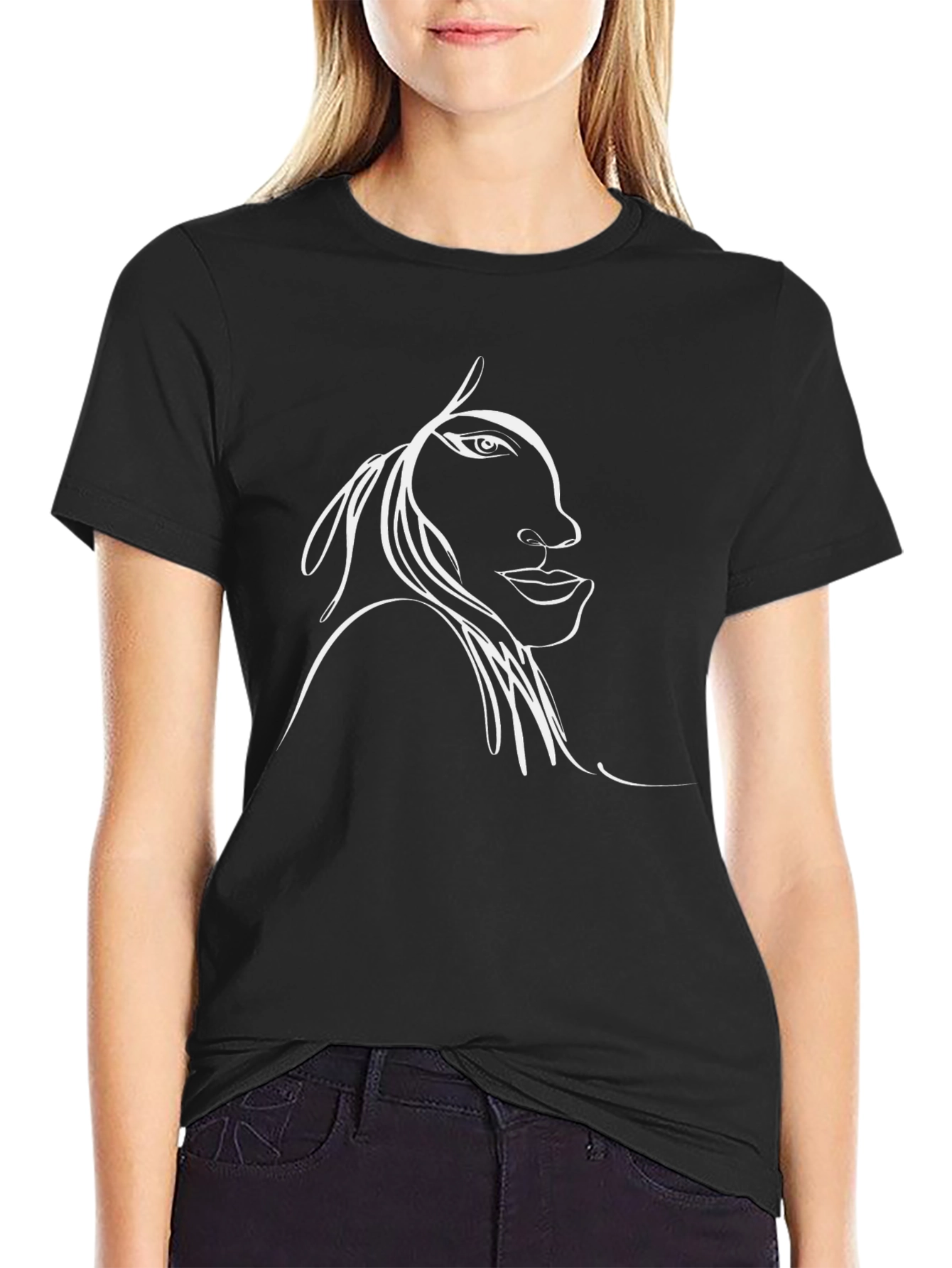 Black Abstract Face Line Art Black T-Shirt view 2