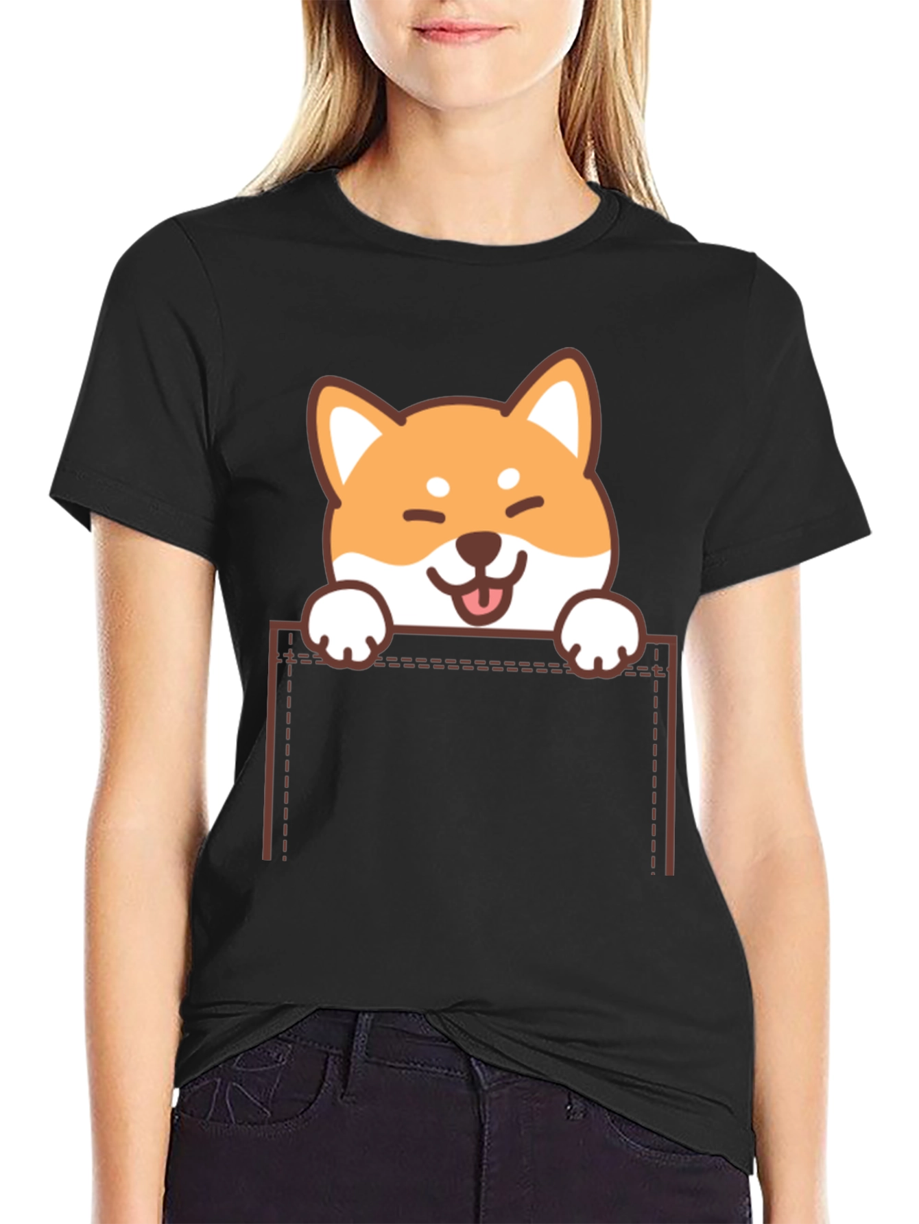 Black Cute Shiba Inu Pocket T-Shirt view 2