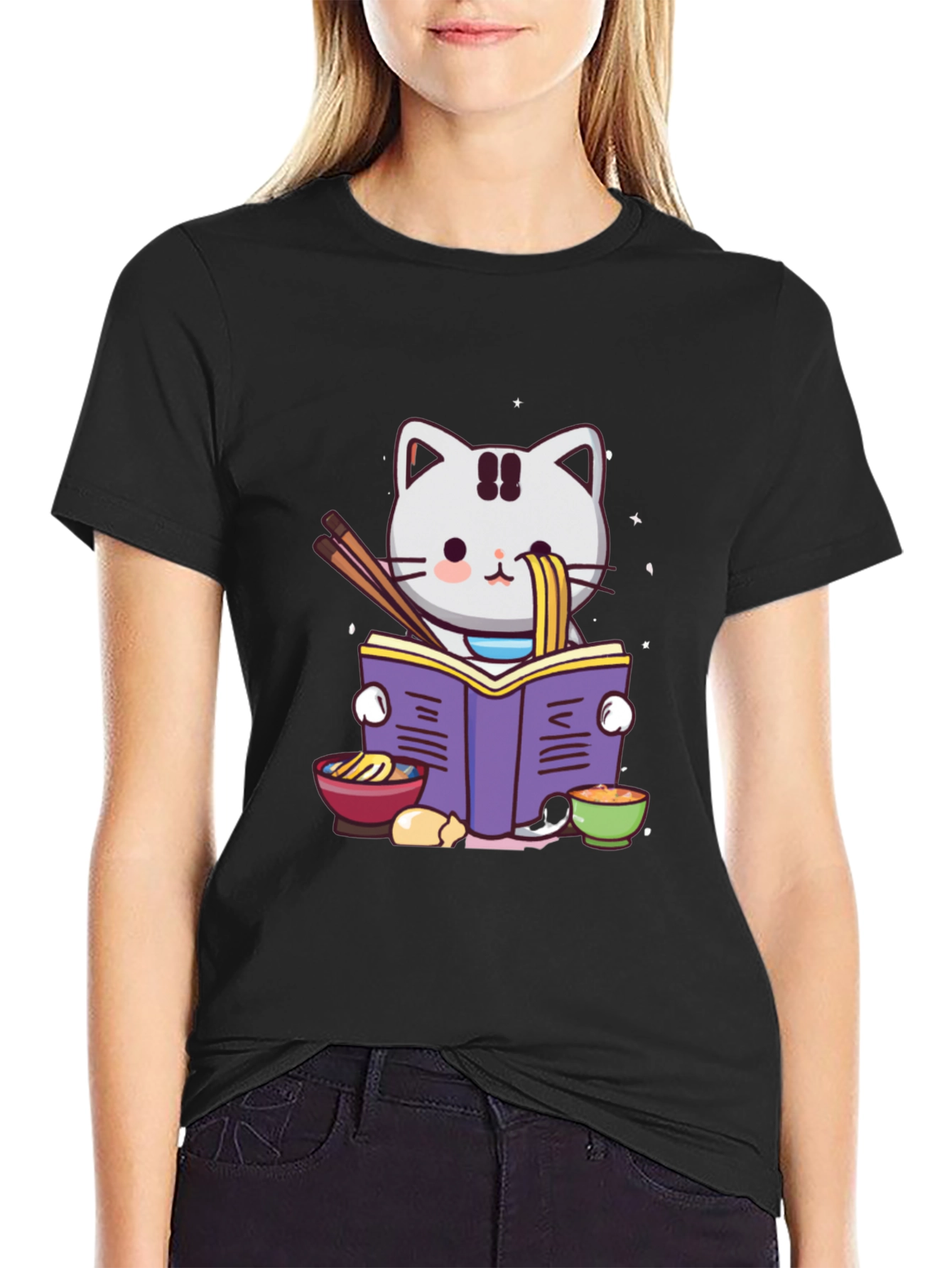 Black Ramen Cat Reading T-Shirt view 2