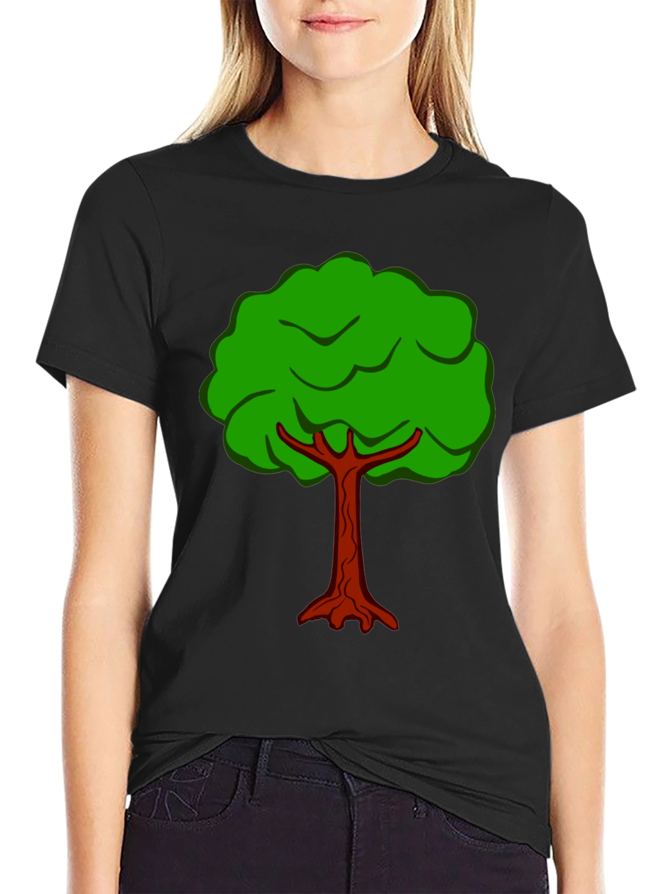 Black Cartoon Tree Graphic Tee - Black Cotton T-Shirt view 2