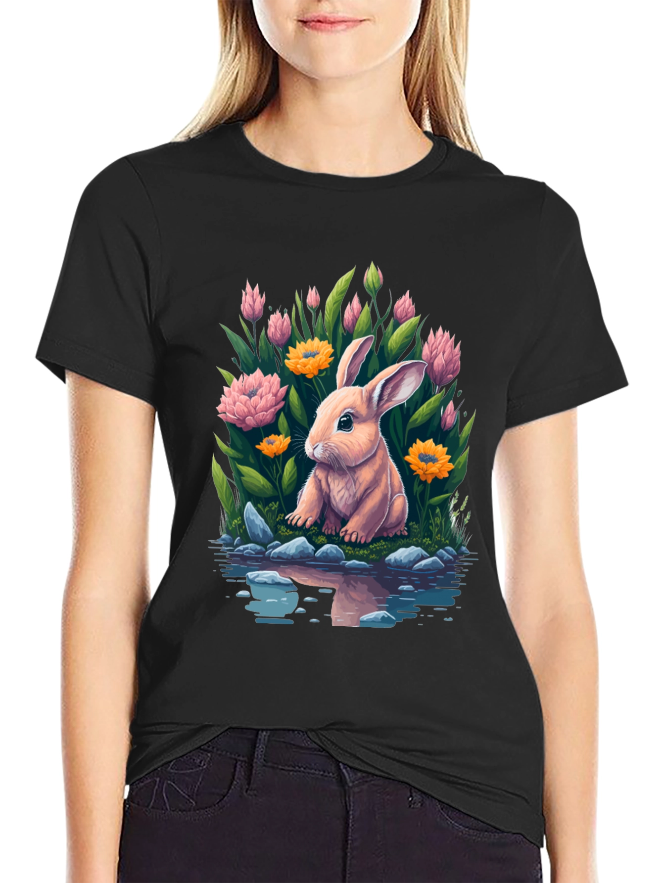 Black Bunny & Blooms Graphic Tee - Men's Black T-Shirt view 2