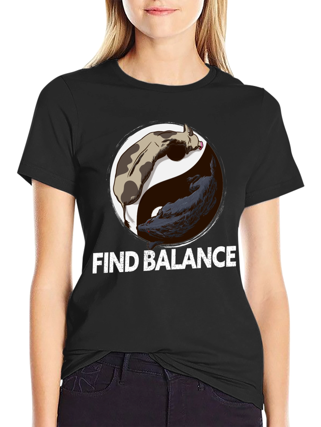 Black Find Balance Yin Yang Cow Wolf Graphic T-Shirt view 2
