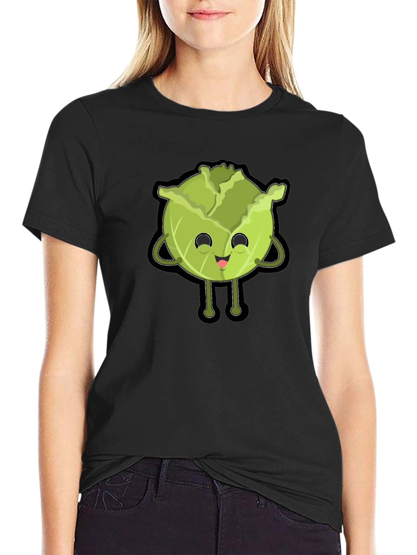 Black Cute Cabbage Character Graphic Tee - Black Cotton T-Shirt view 2