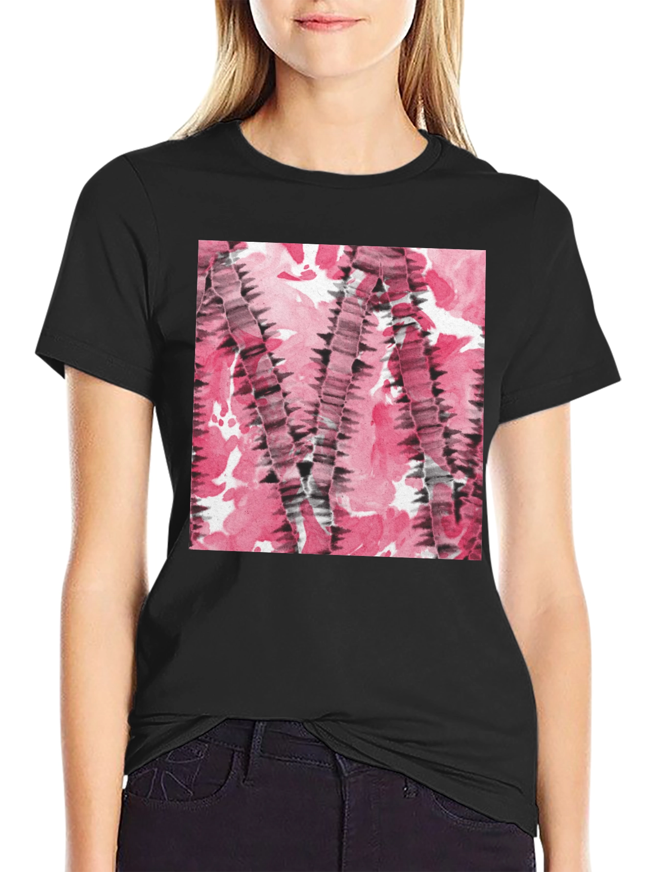 Black Abstract Pink & Black Patterned T-Shirt view 2