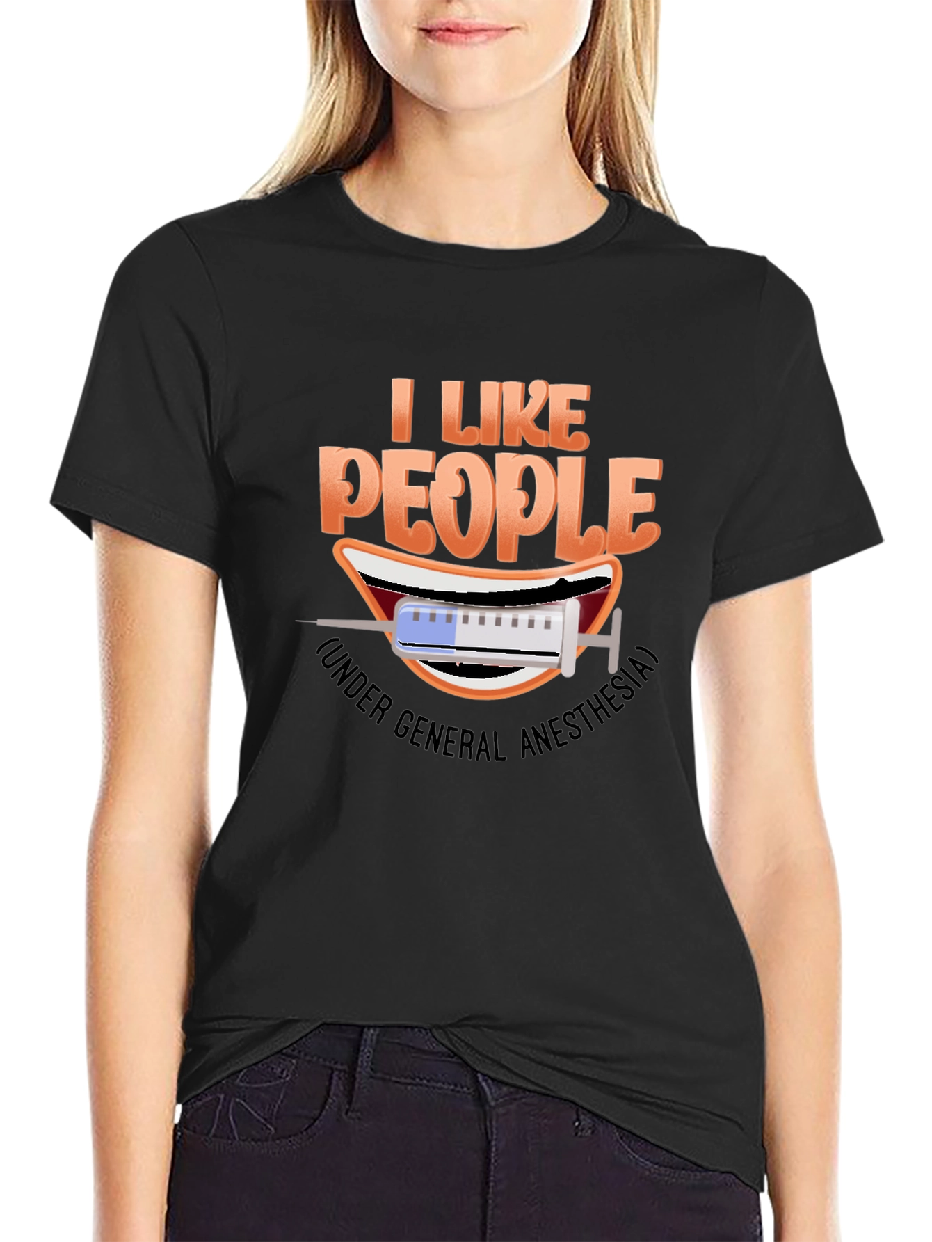 Black I Like People Under General Anesthesia T-Shirt view 2