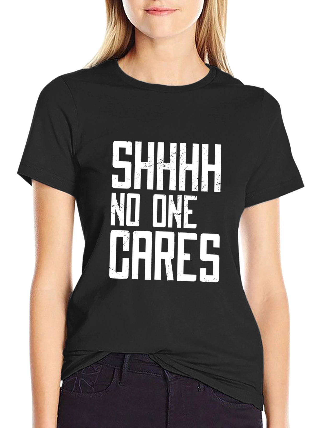 Black SHHH No One Cares Graphic Tee - Black Cotton T-Shirt view 2