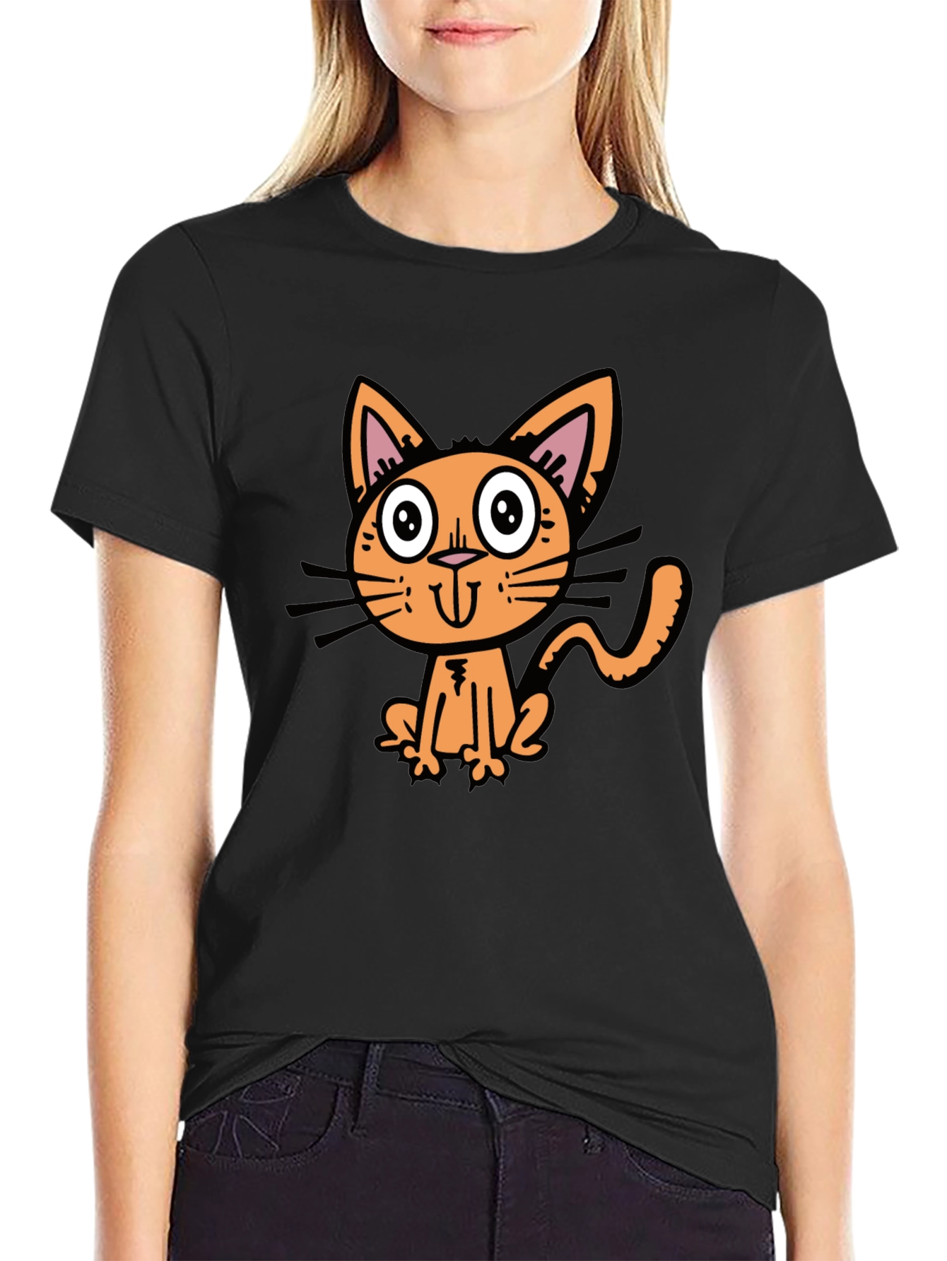 Black Cartoon Cat Graphic Tee - Black view 2