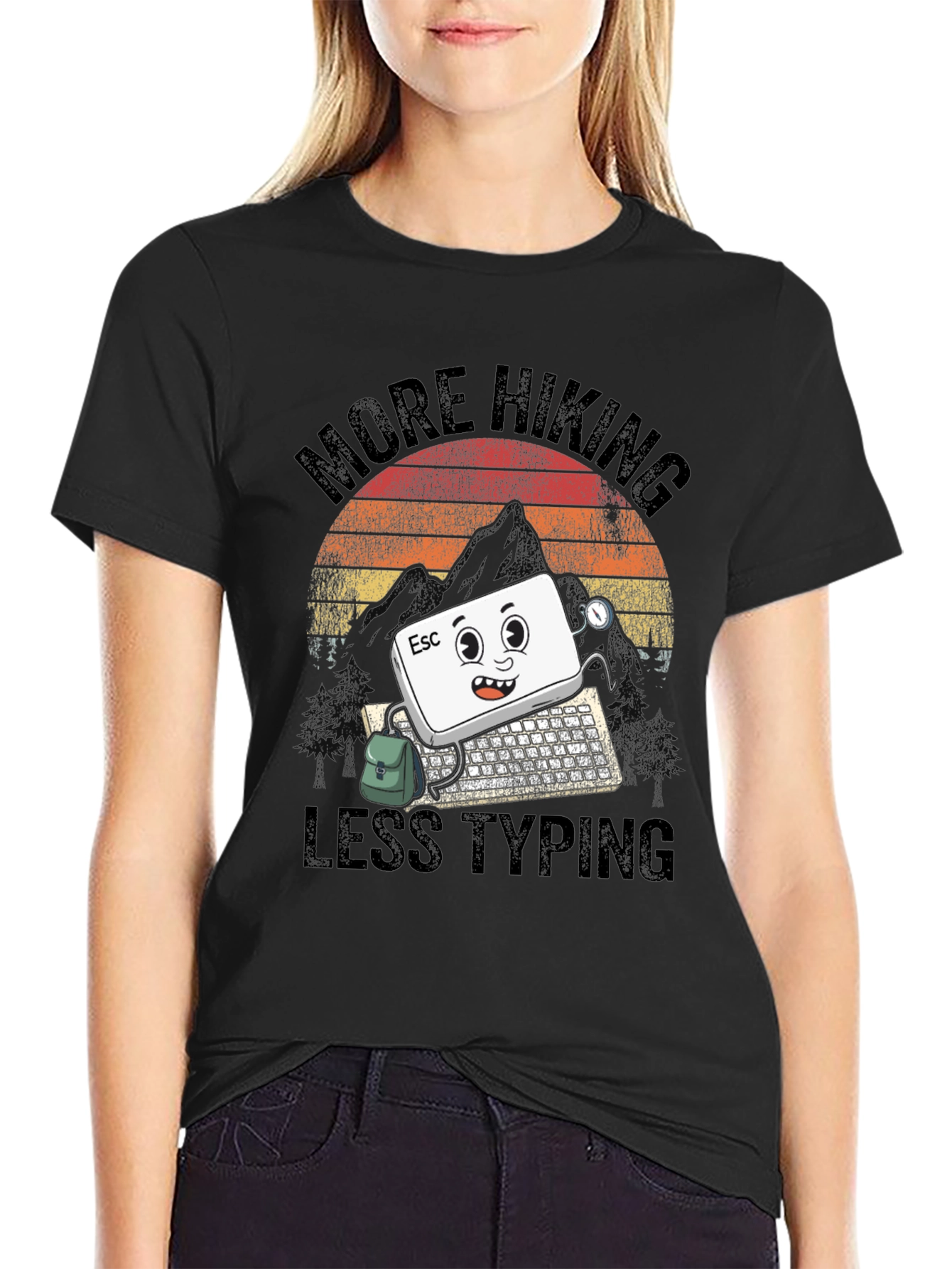 Black More Hiking Less Typing Graphic Tee view 2