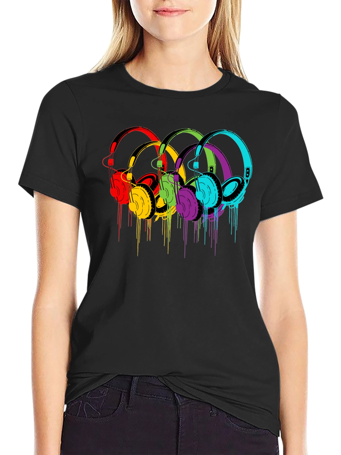 Black Colorful Headphones Graphic Black T-Shirt view 2