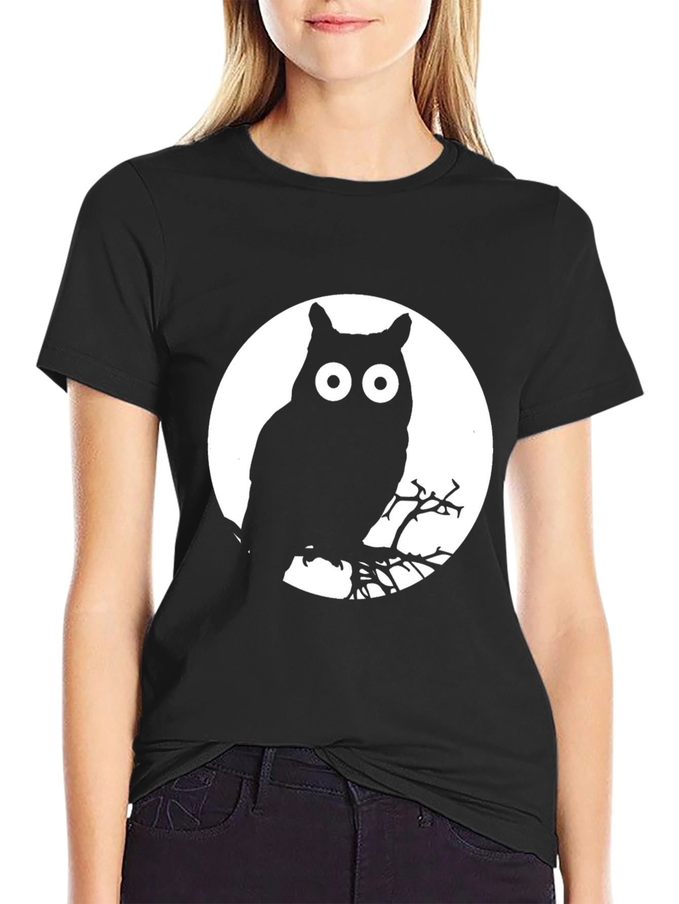 Black Owl Moon Graphic Tee - Black Cotton T-Shirt view 2