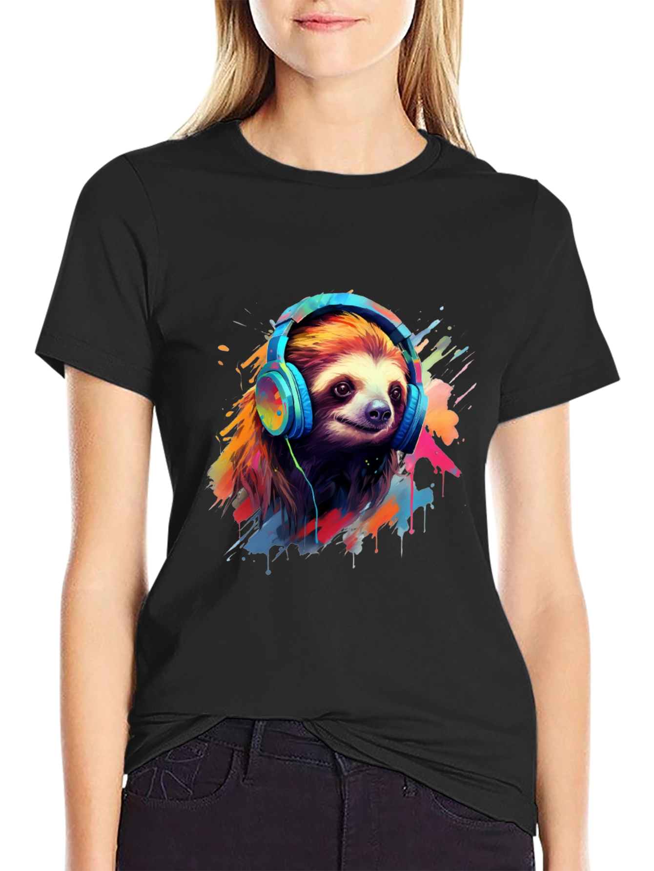Black Sloth in Headphones Graphic Tee view 2